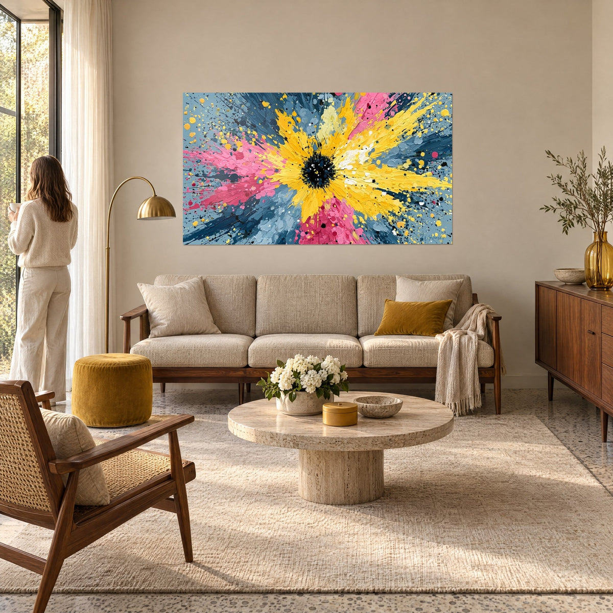 Wall art explosive flower with mustard yellow and bright pink petals, steel blue splashes, above a sofa in a bright living room