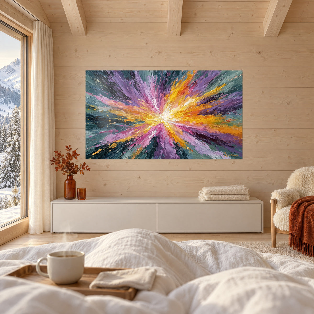 Tableau rayons de peinture rose et ocre jaune jaillissant d'un centre ivoire, murs de bois clair d'un chalet, au-dessus d'un lit dans une chambre claire