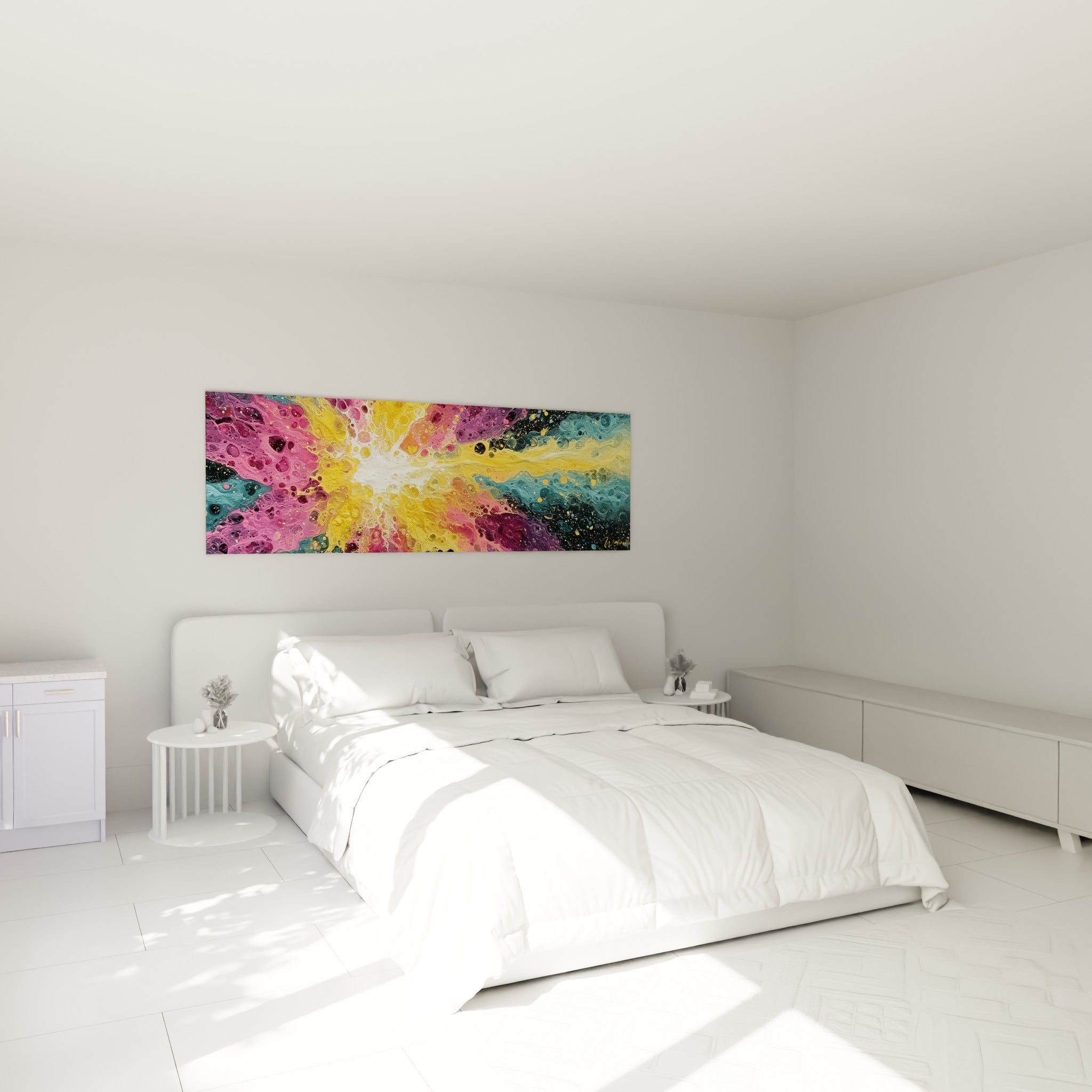 Éclat lumineux doré et rose du tableau style Peinture abstrait au-dessus d'un lit dans une chambre claire