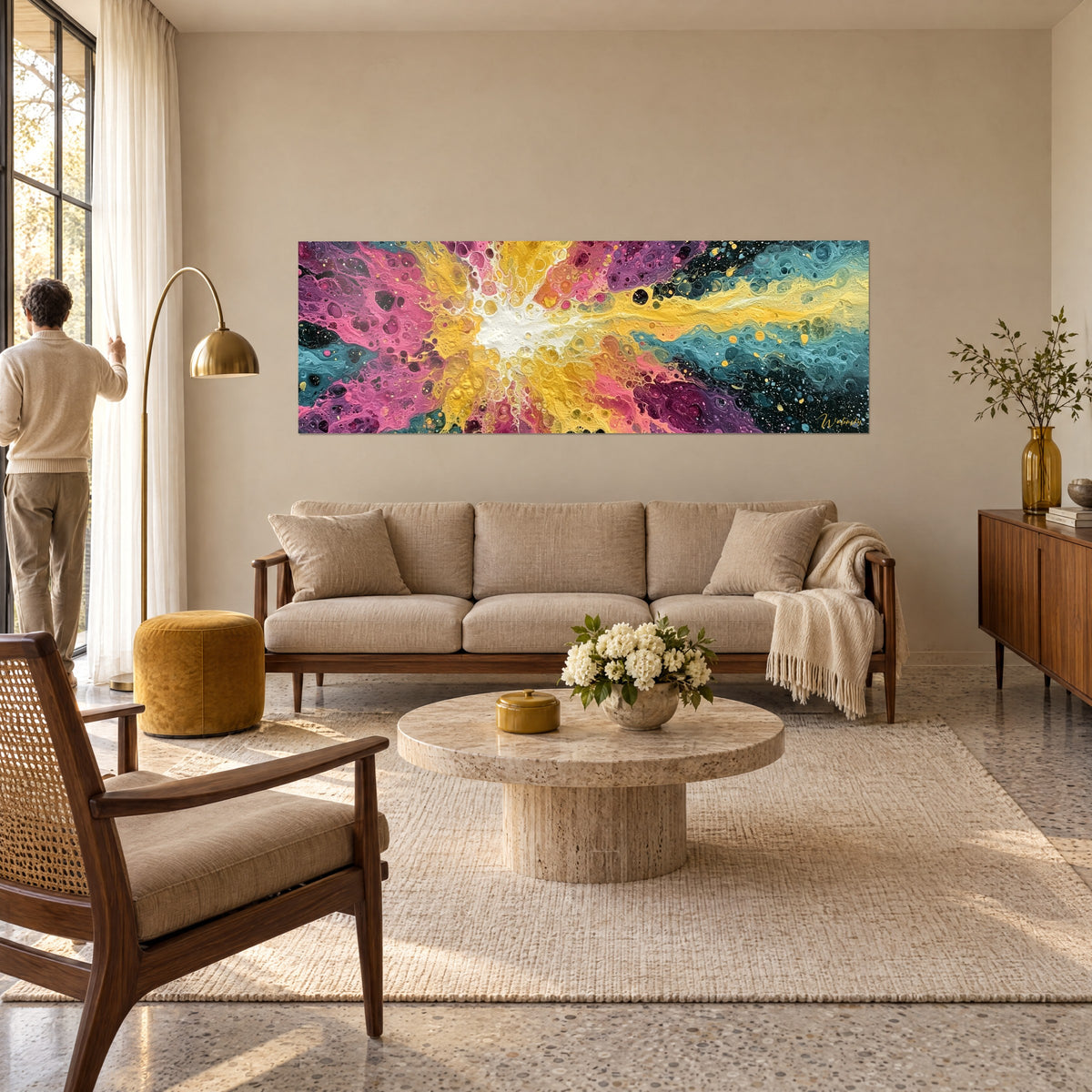 Gemälde Nebel in Rosa und Gelb mit leuchtend weißem Kern, wabenförmige Zellen, Mann von hinten, über einem Sofa in einem hellen Wohnzimmer