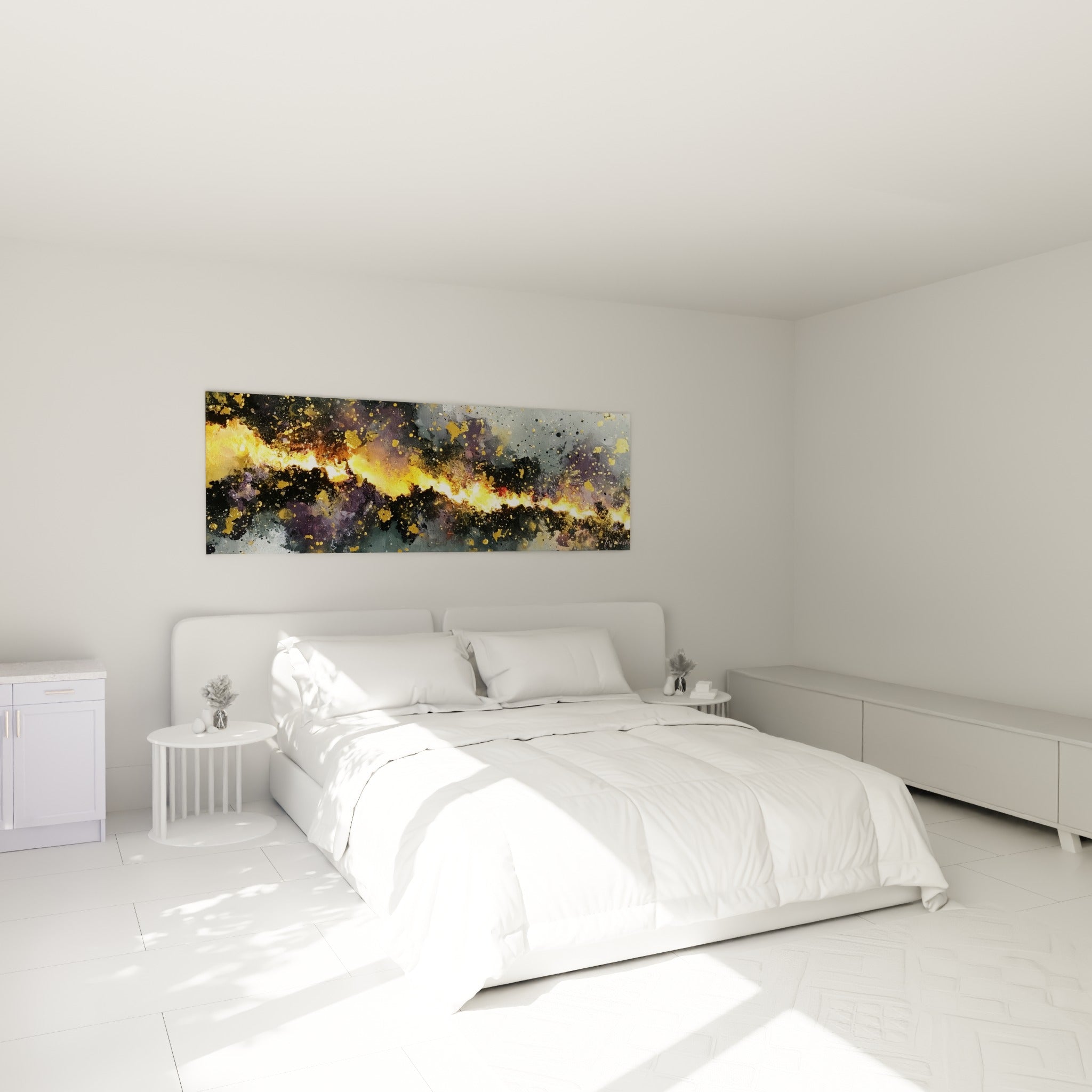 Éclat doré fendant l'anthracite sombre, style Peinture abstrait au-dessus d'un lit dans une chambre claire