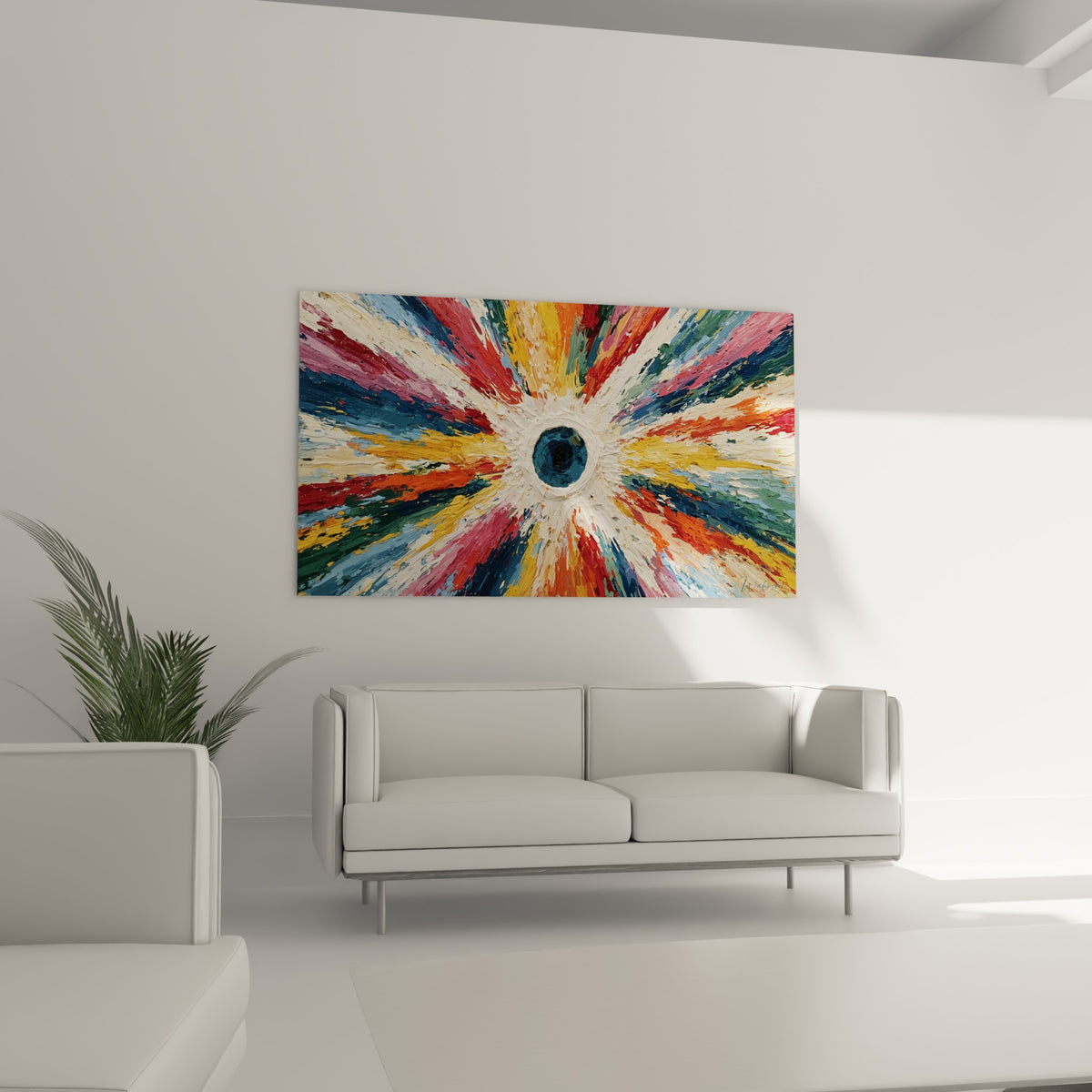 Éclat multicolore terracotta et vert sauge du style Peinture abstrait au-dessus d'un canapé dans un salon lumineux