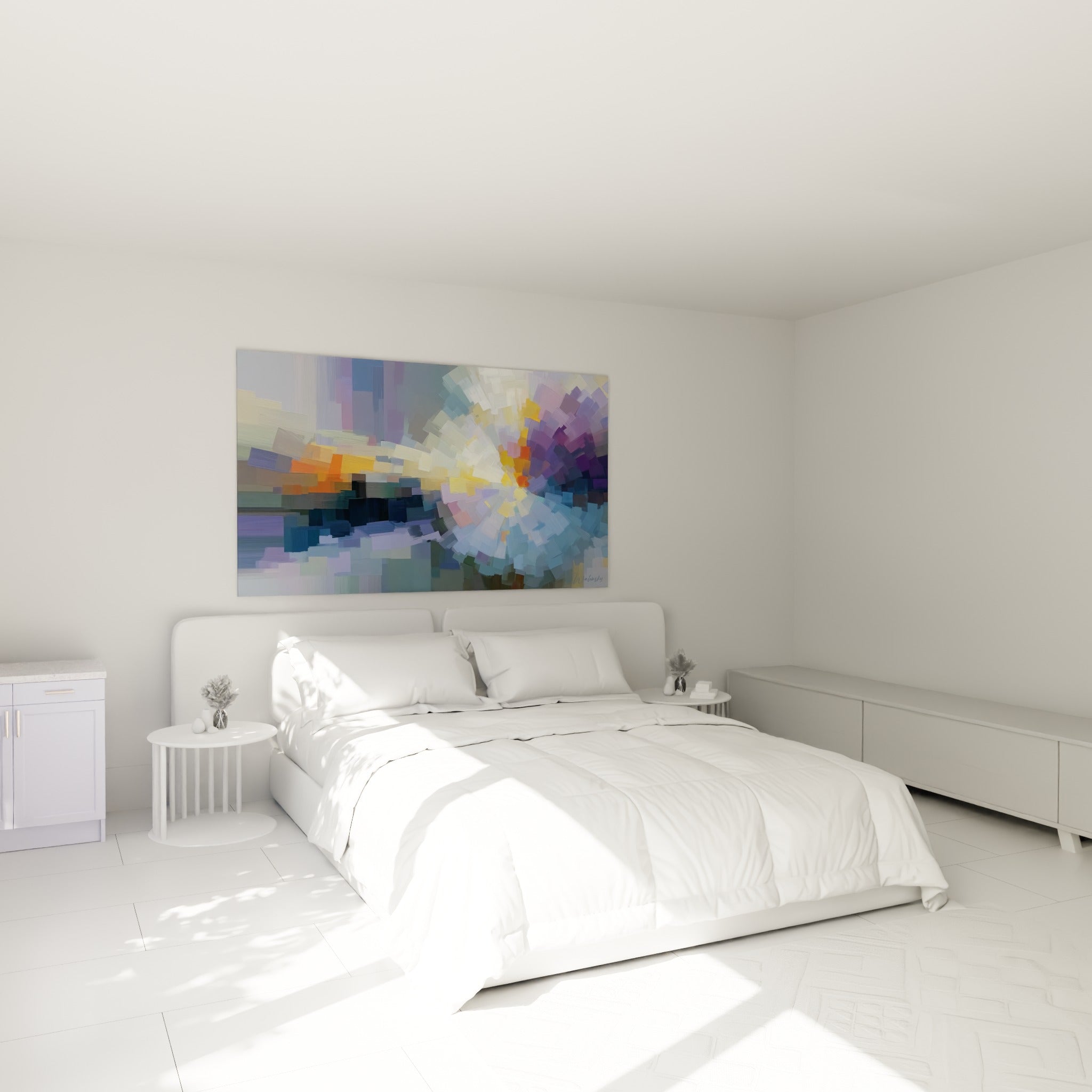 Explosion chromatique bleu et doré du style Peinture abstrait au-dessus d'un lit dans une chambre claire