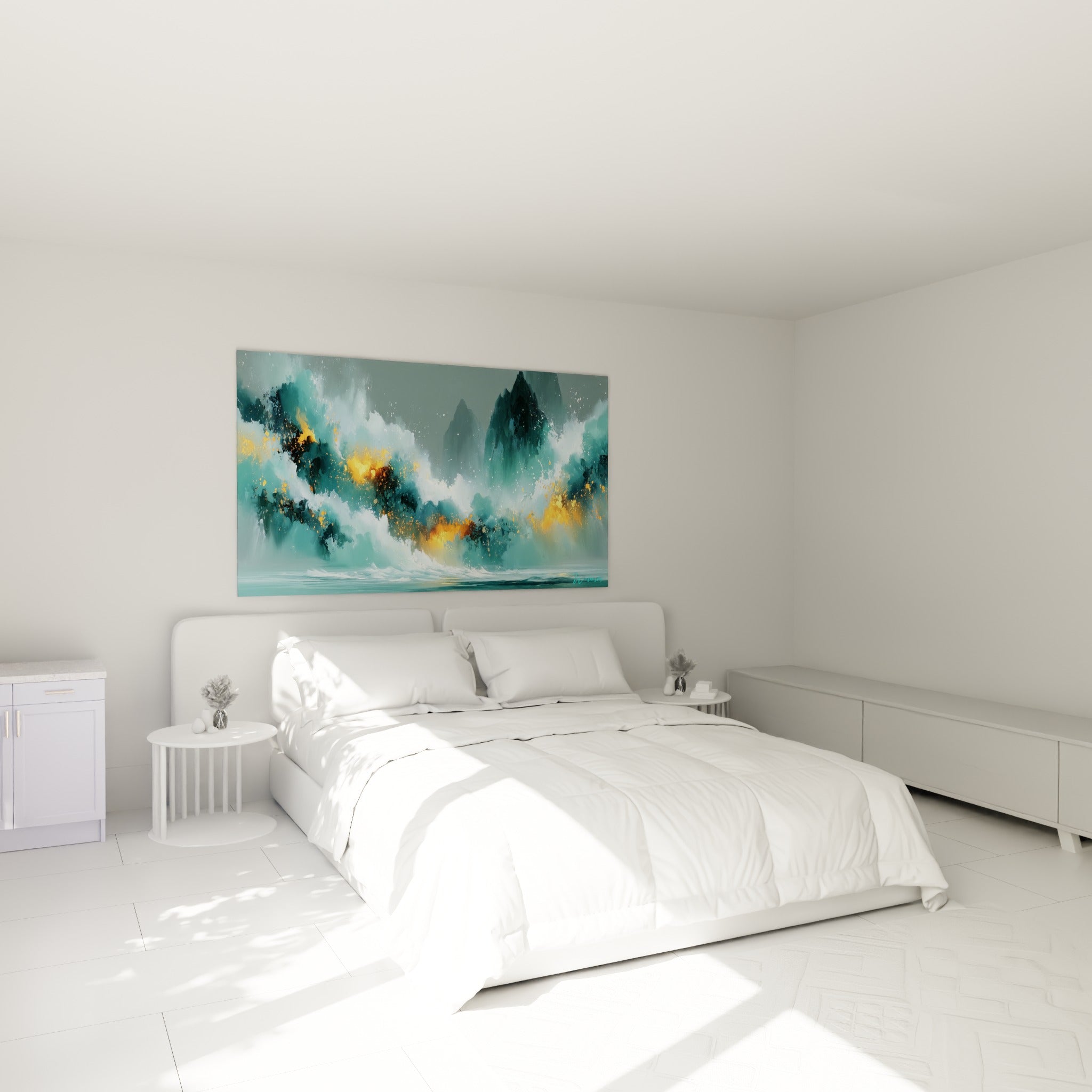 Éclats orangés traversant une vague turquoise, accrochée au-dessus d'un lit dans une chambre claire