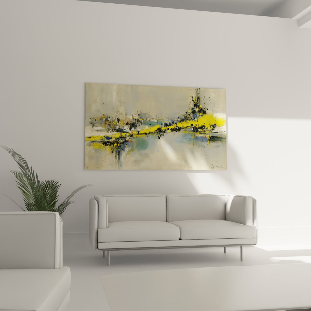 Composition portuaire jaune vif et anthracite, au-dessus d'un canapé dans un salon lumineux