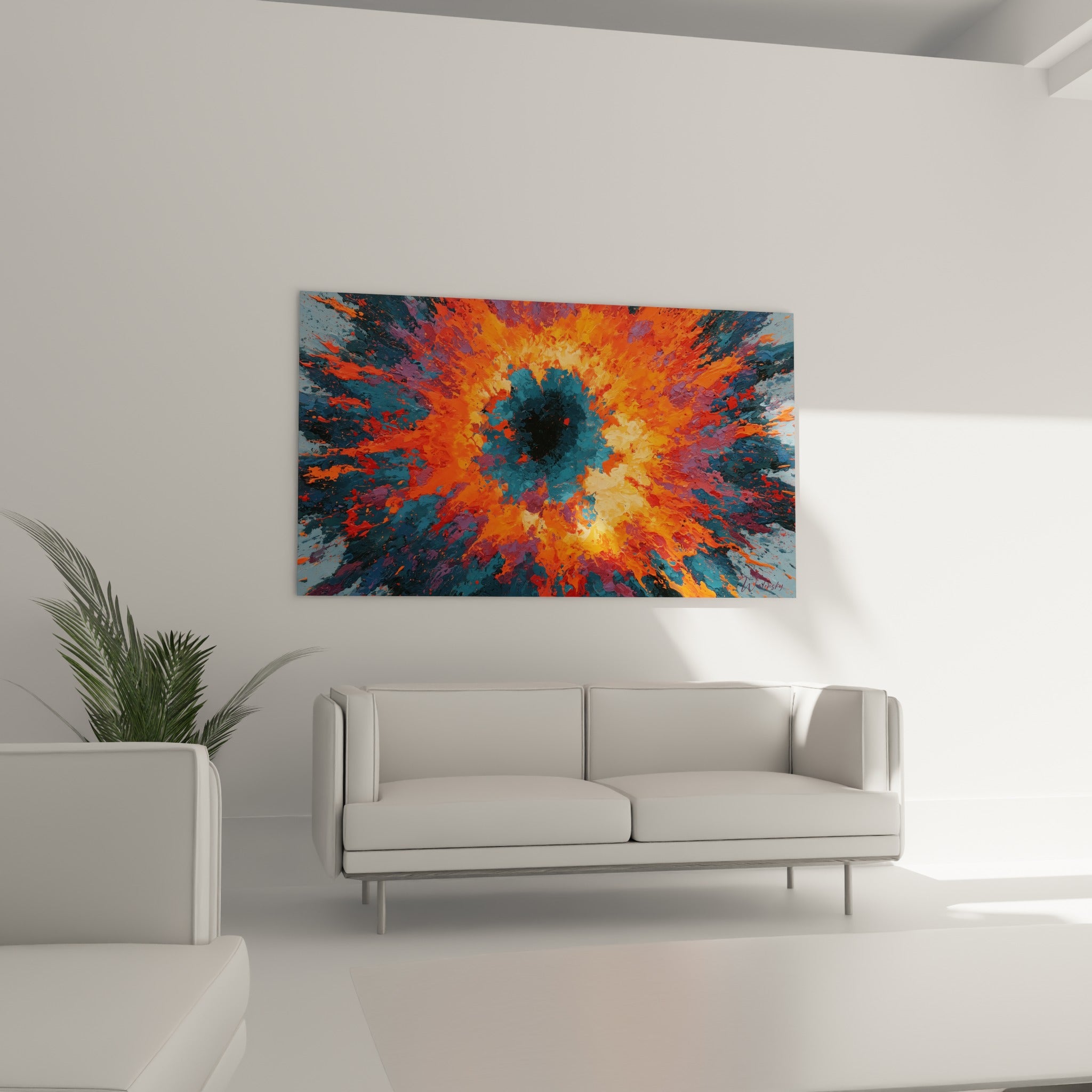 Éclats terracotta et pétrole du style Peinture abstrait, disposés au-dessus d'un canapé dans un salon lumineux