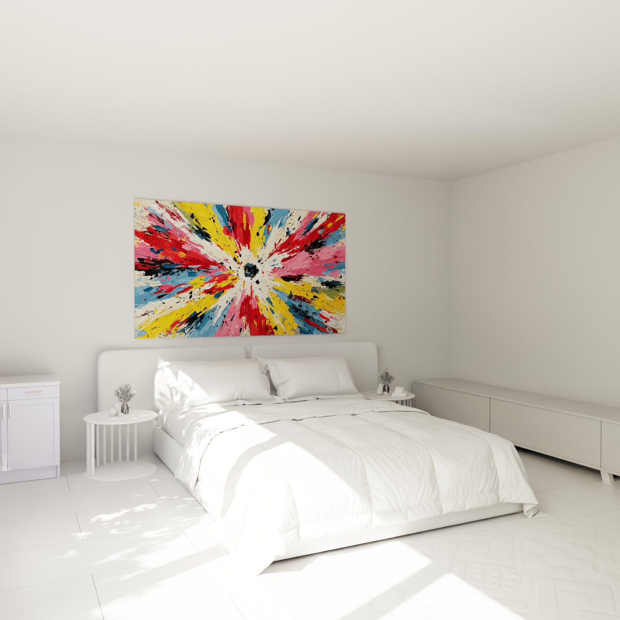 Éclats colorés rose et jaune en mouvement centrifuge, style Peinture abstrait, au-dessus d'un lit dans une chambre claire