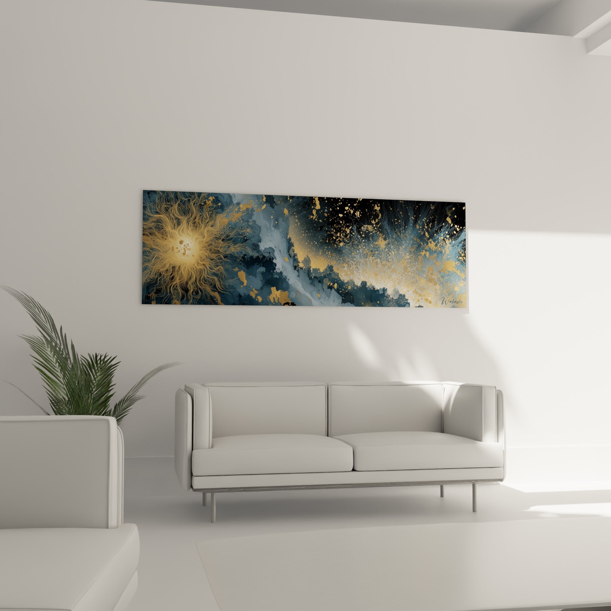 Éclats dorés jaillissant d'un fond bleu-gris profond, disposés au-dessus d'un canapé dans un salon lumineux