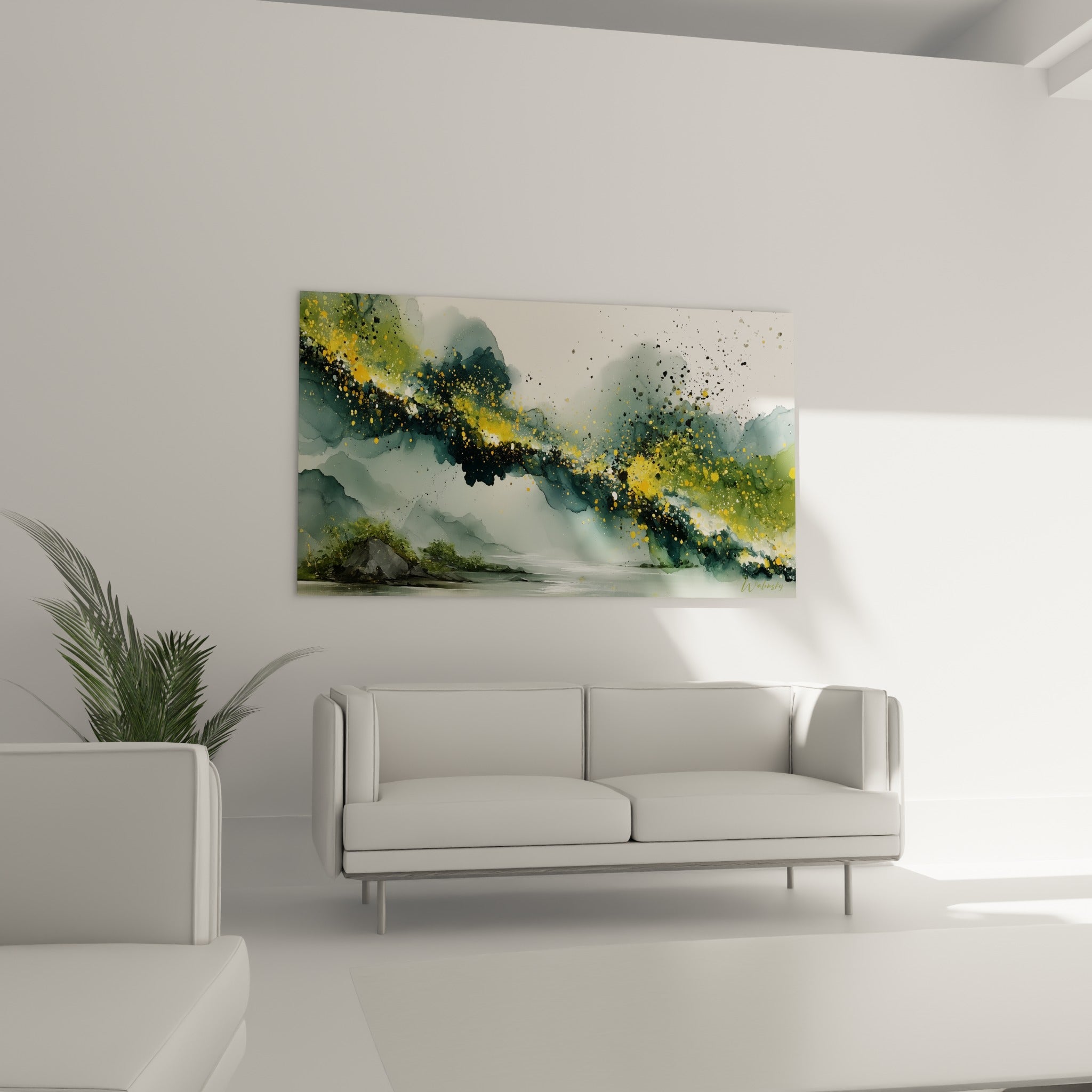 Montagnes bleutées éclaboussées d'or, style peinture abstrait, au-dessus d'un canapé dans un salon lumineux
