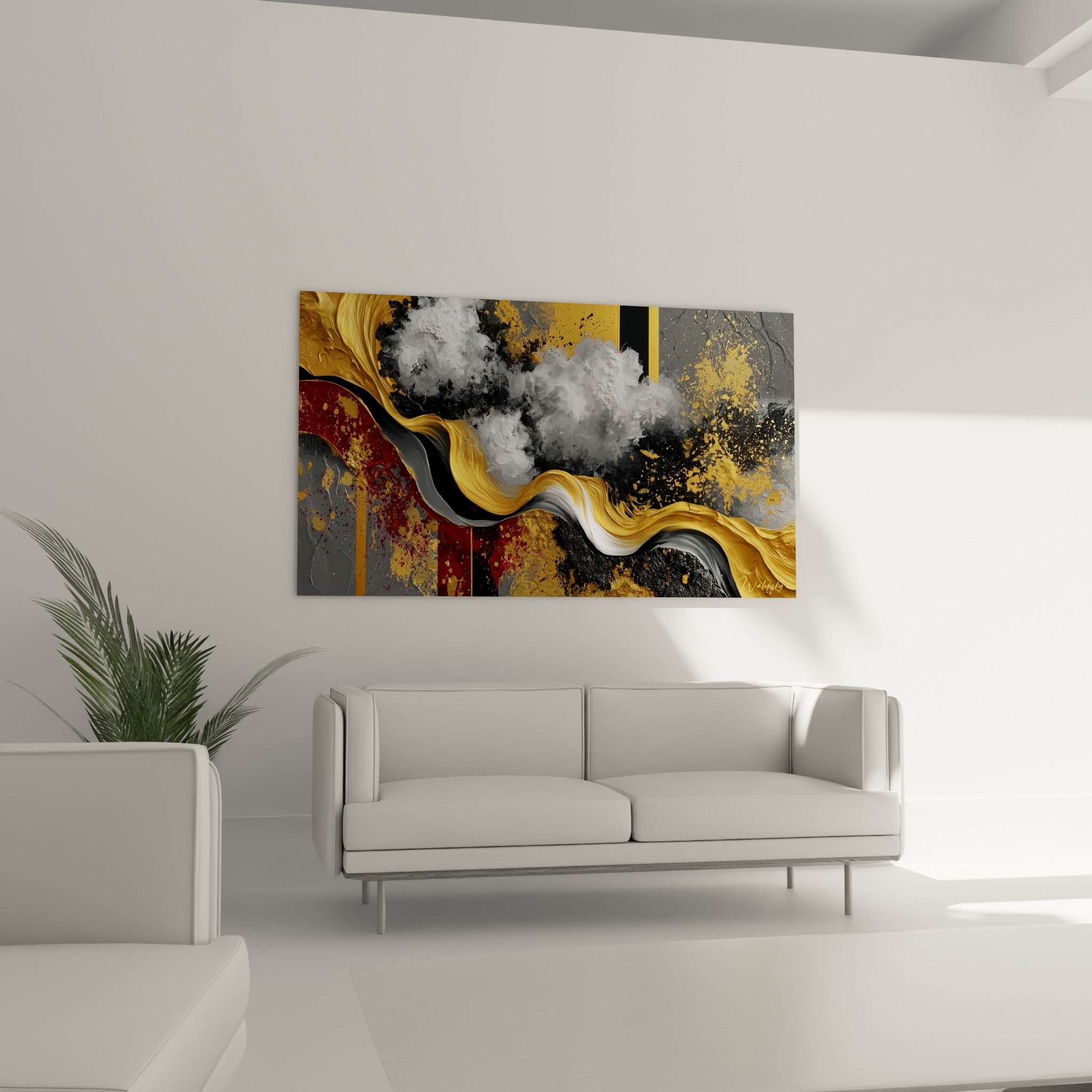 Éclaboussures bordeaux et vague dorée du style Peinture abstrait au-dessus d'un canapé dans un salon lumineux
