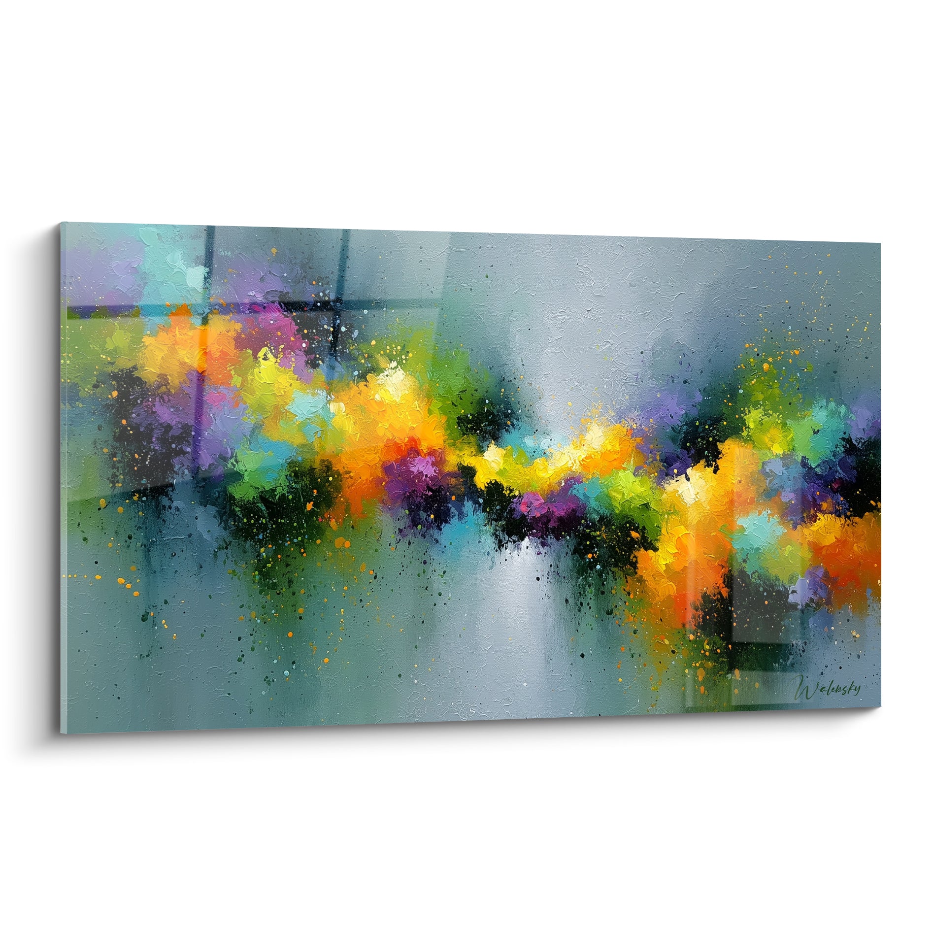 Explosion de couleurs dorées et violettes sur fond gris texturé, tableau style Peinture abstrait