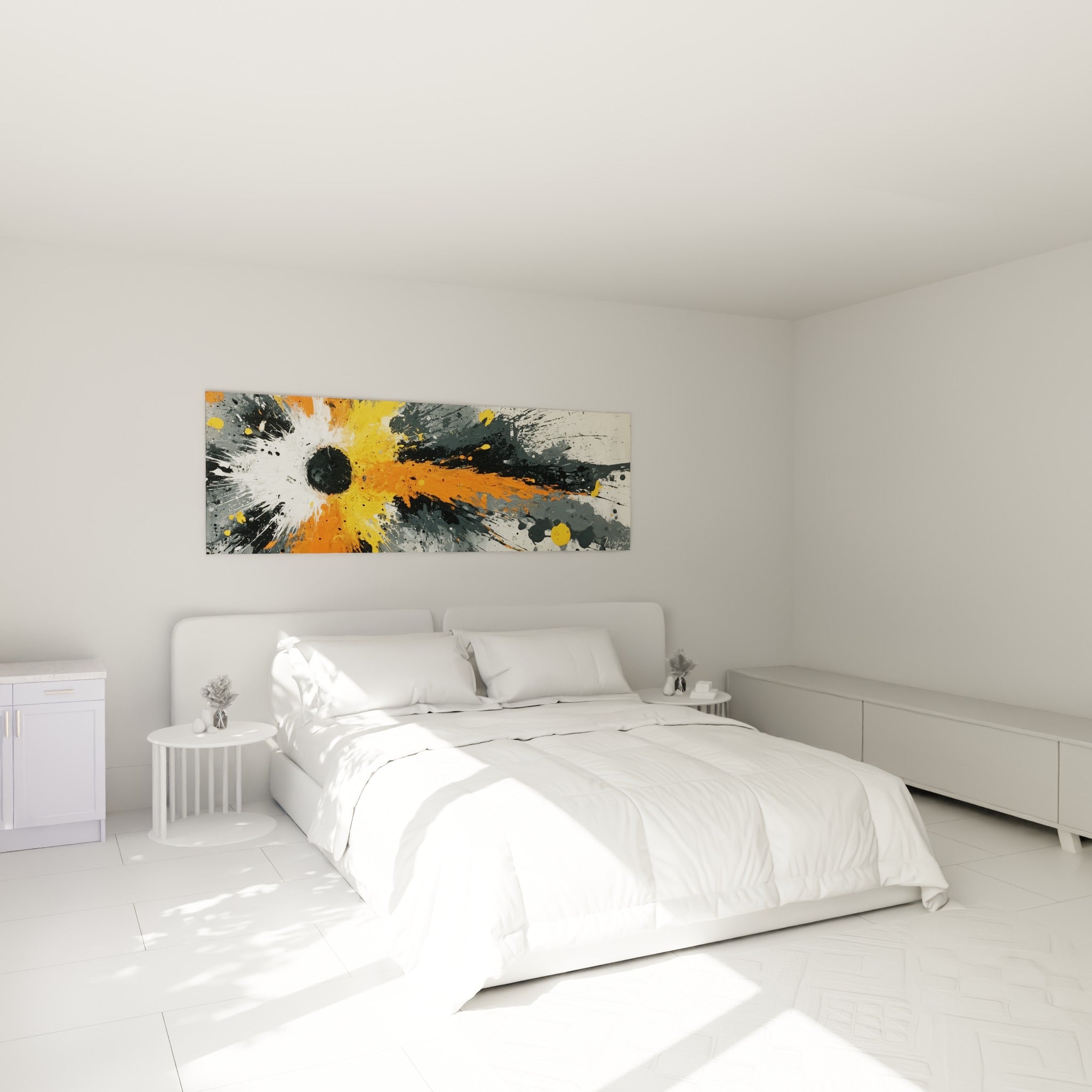 Éclats orange et gris anthracite du style Peinture abstrait, au-dessus d'un lit dans une chambre claire