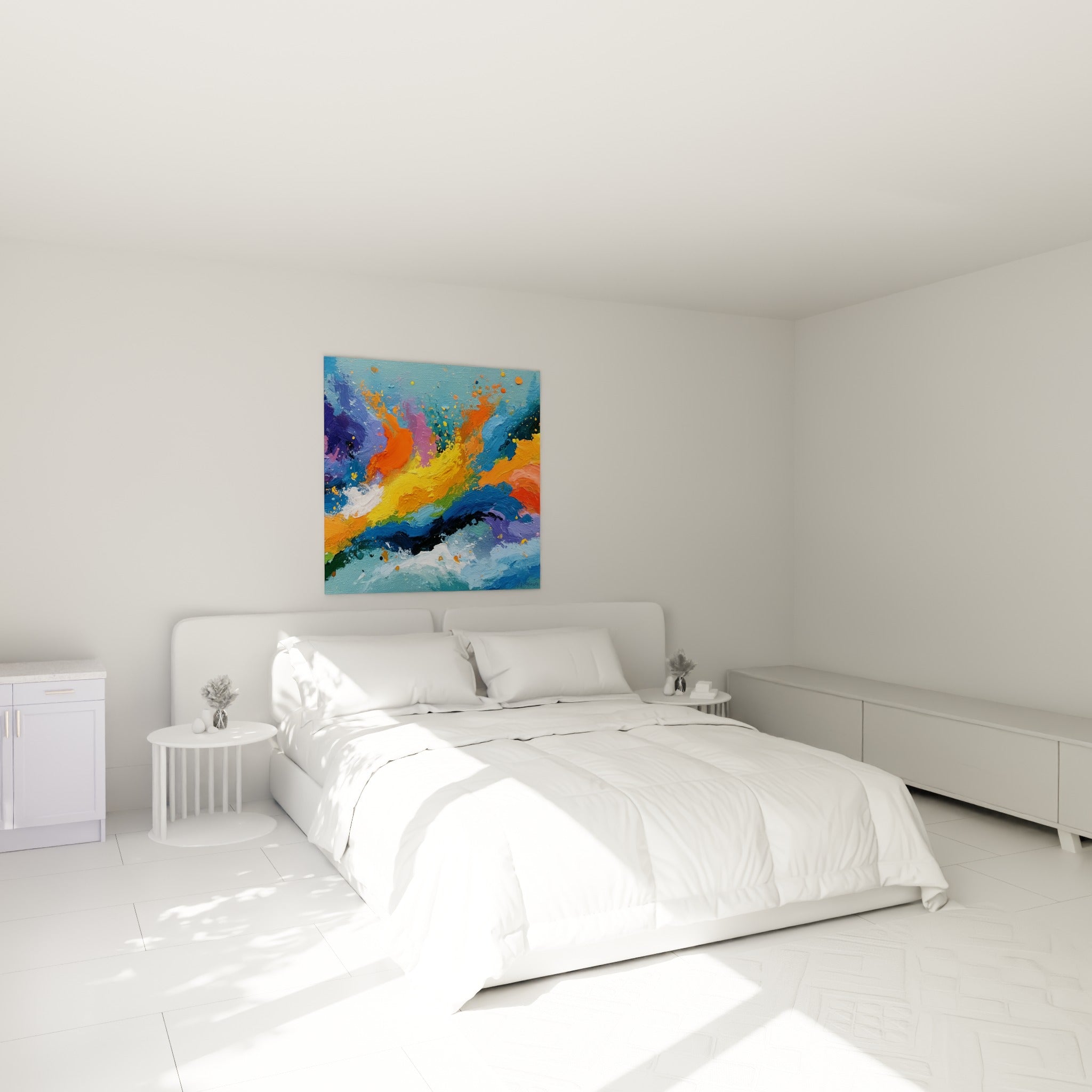 Éclaboussures jaunes et violettes de ce style Peinture abstrait au-dessus d'un lit dans une chambre claire