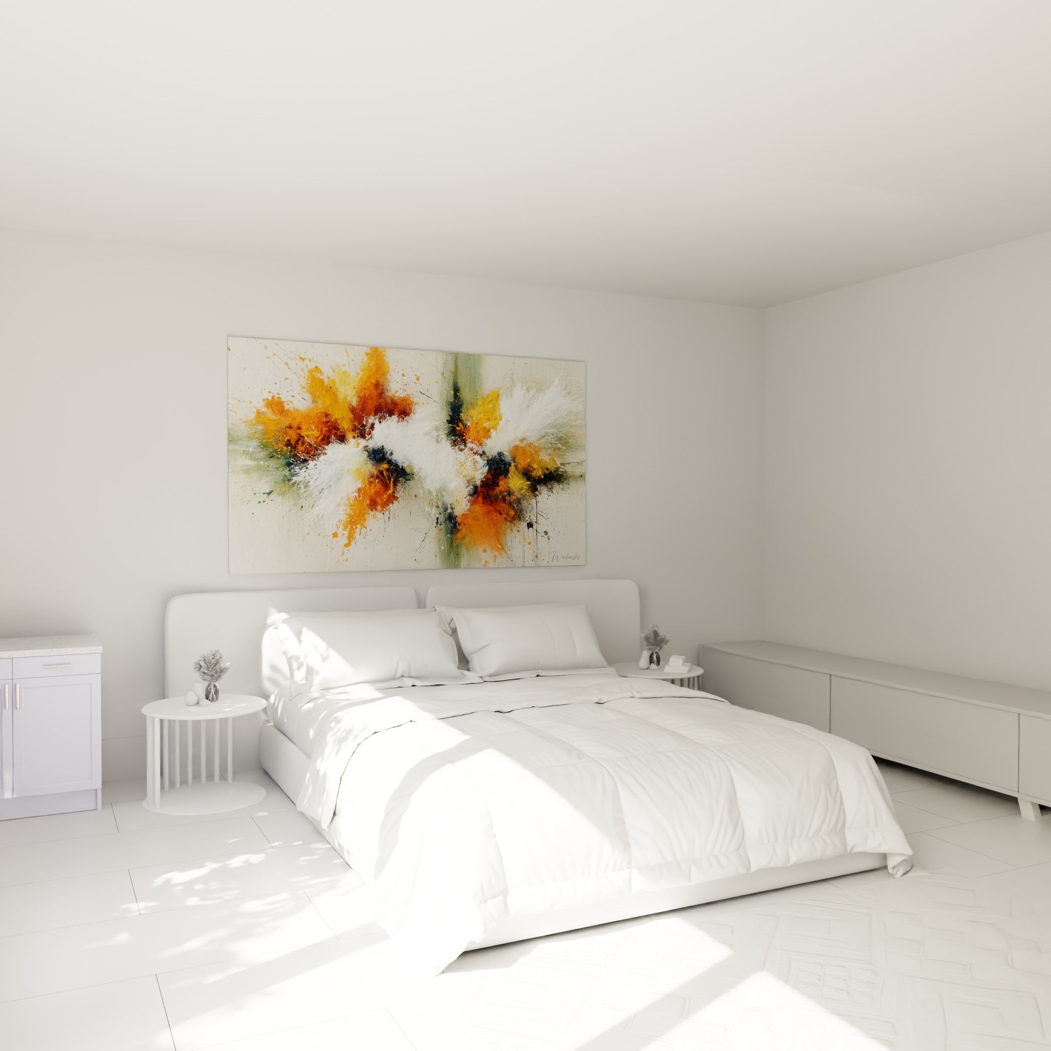 Éclats orange et blancs du style peinture abstrait au-dessus d'un lit dans une chambre claire