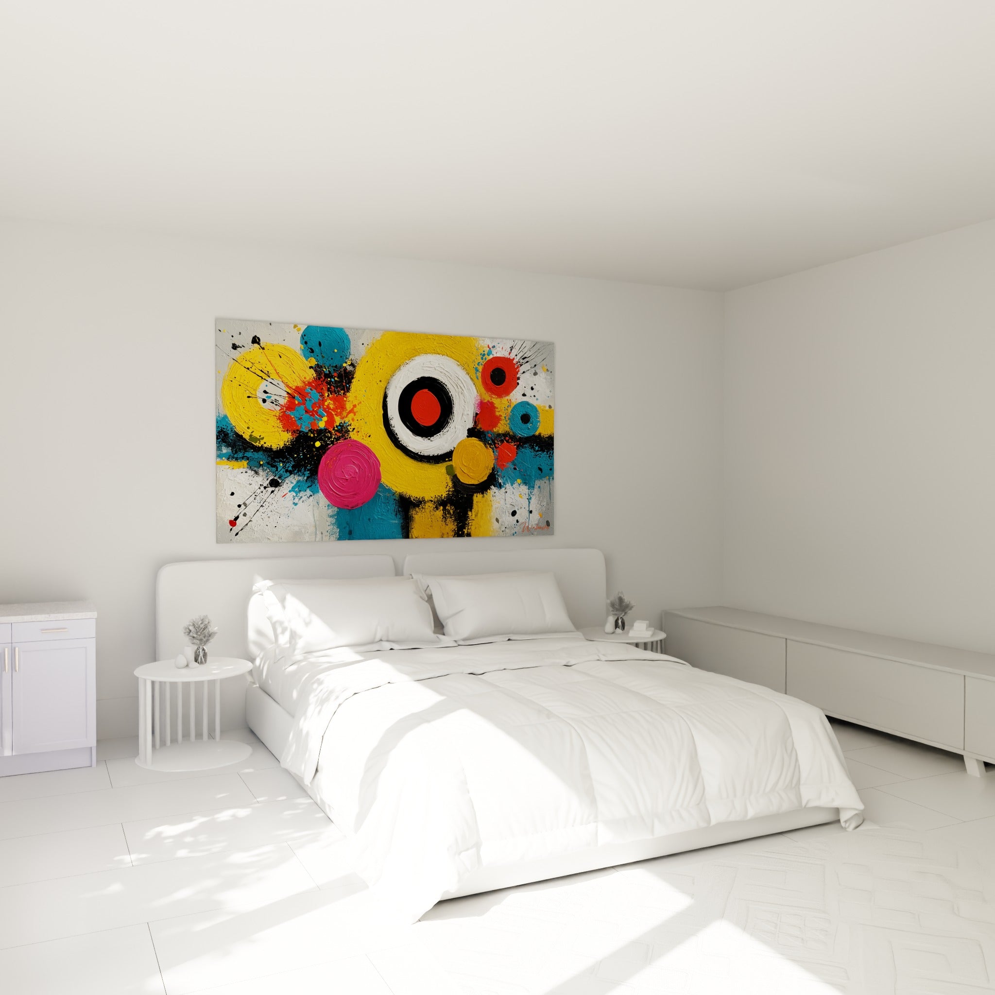 Formes rondes jaune et rose fuchsia éclatées de noir, au-dessus d'un lit dans une chambre claire