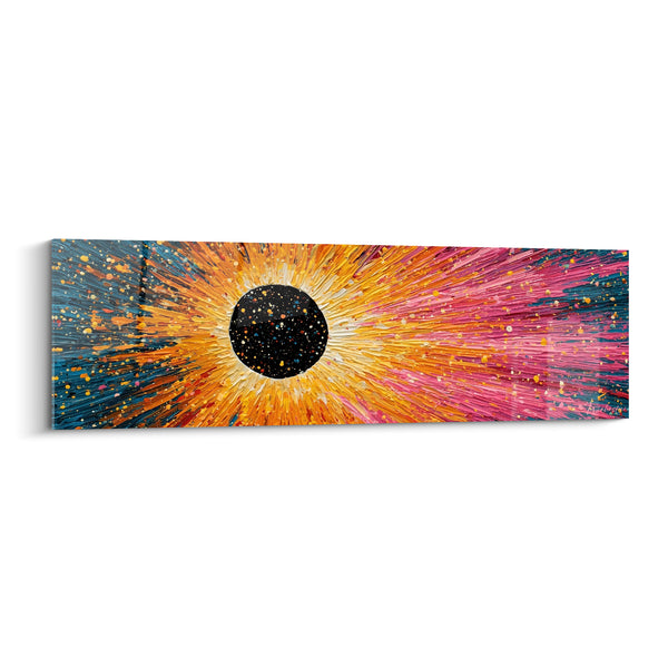 Tableau Éclipse noire aux rayons rose et orange - Disque étoilé central - Edition style Peinture abstrait
