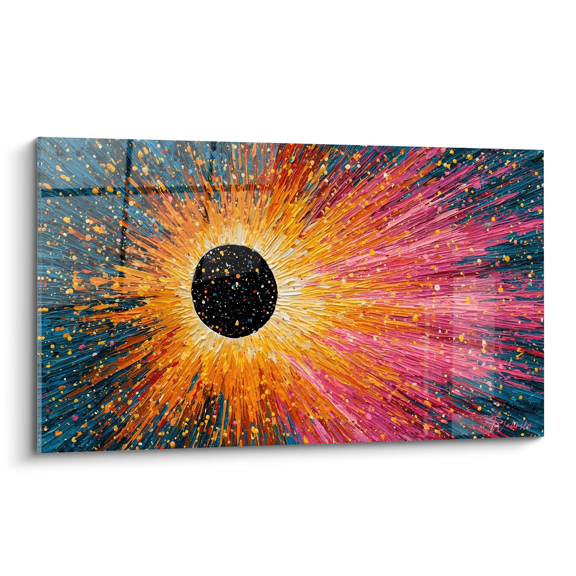 Éclipse noire aux rayons dorés et roses, style Peinture abstrait en relief texturé et vibrant