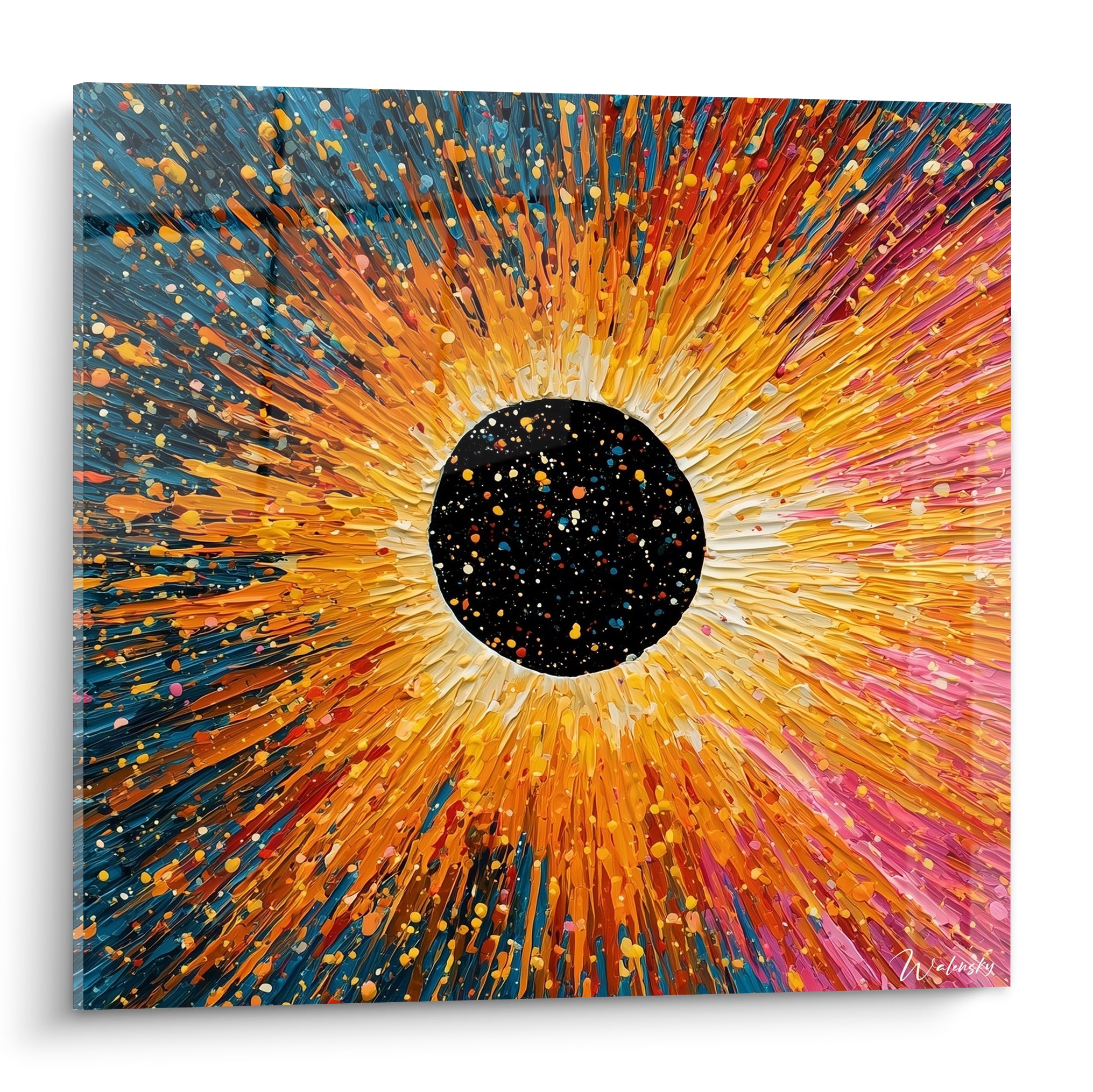 Éclipse solaire style Peinture abstrait aux rayons orange et bleu marine autour d'un disque noir