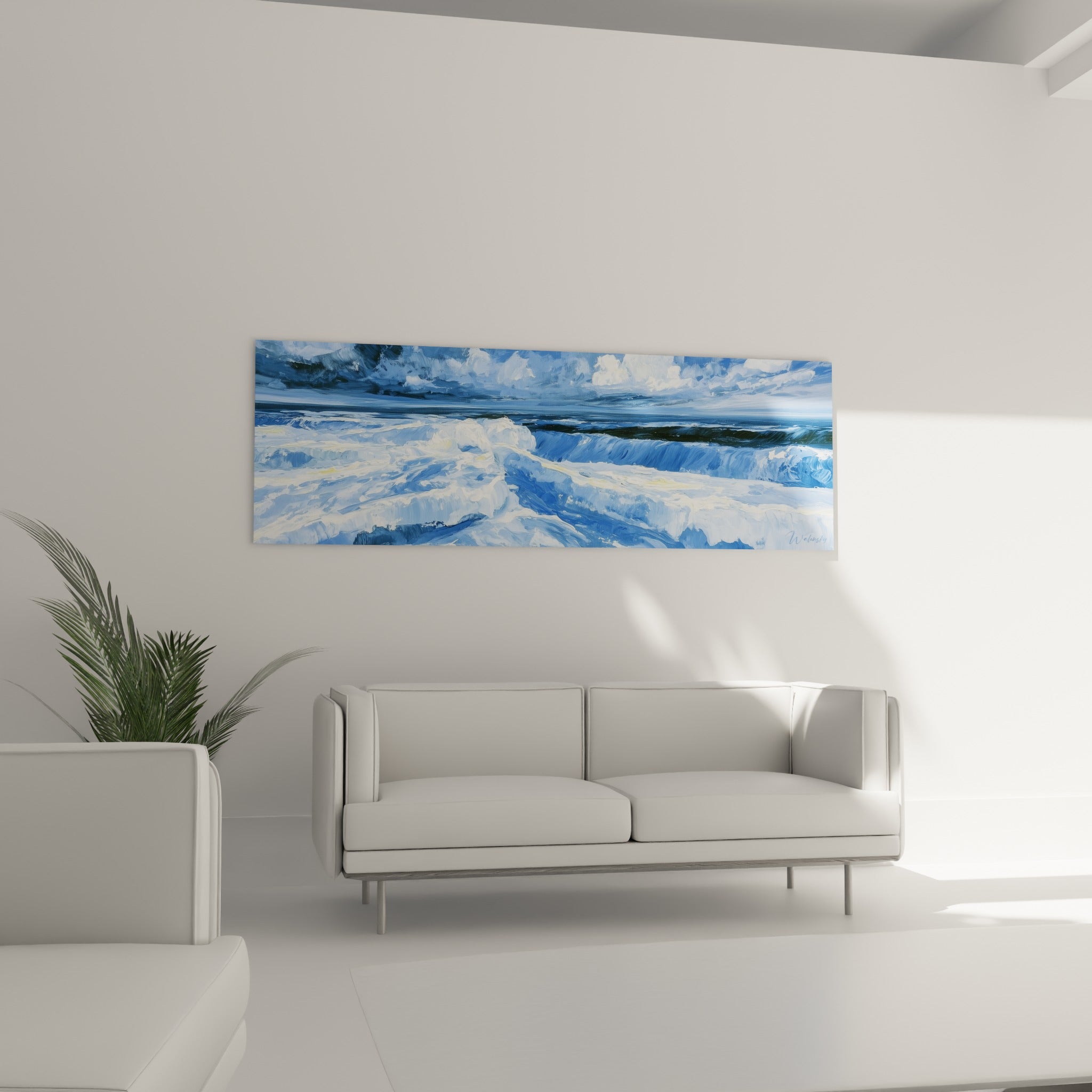 Écume blanche et bleu profond d'une vague peinte en style Peinture abstrait, au-dessus d'un canapé dans un salon lumineux