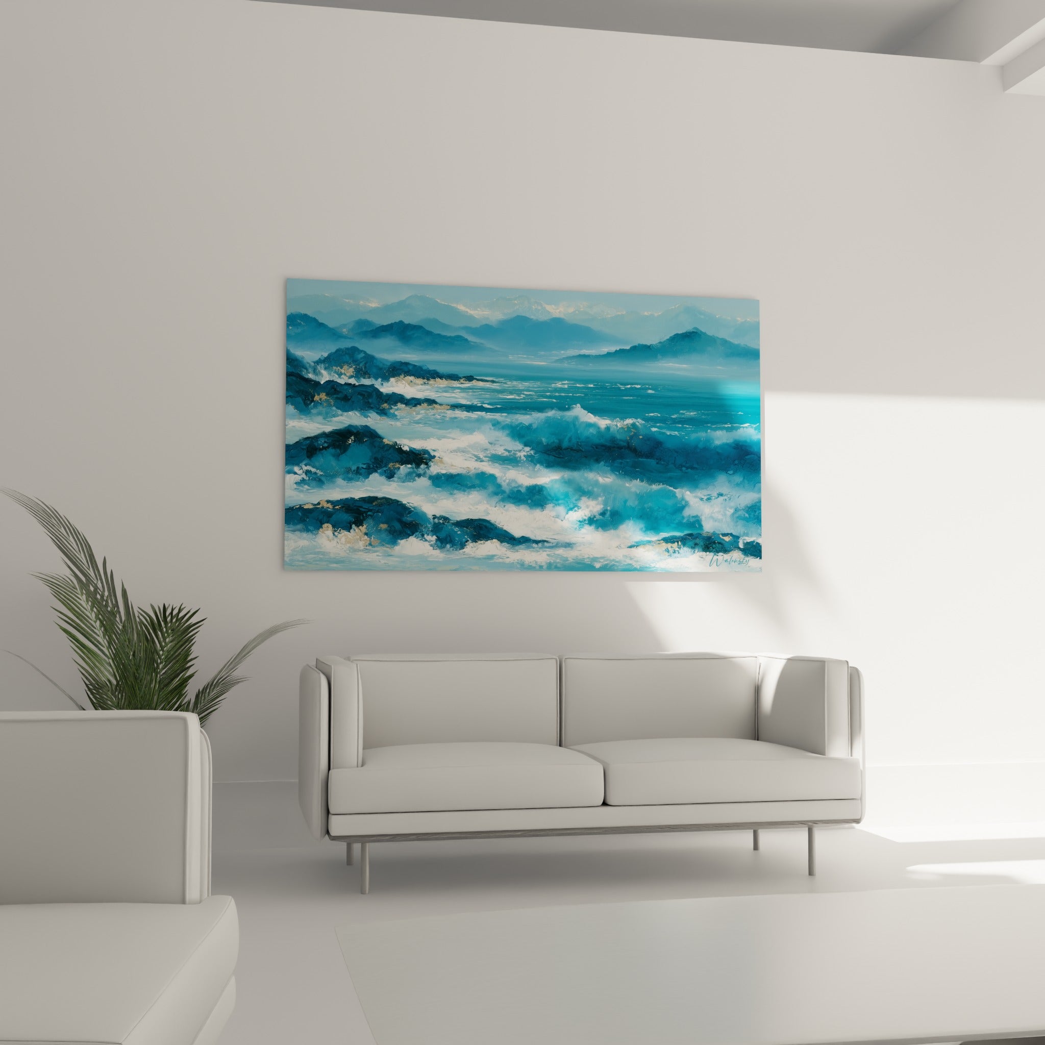 Rochers dorés et vagues turquoise en style Peinture abstrait au-dessus d'un canapé dans un salon lumineux