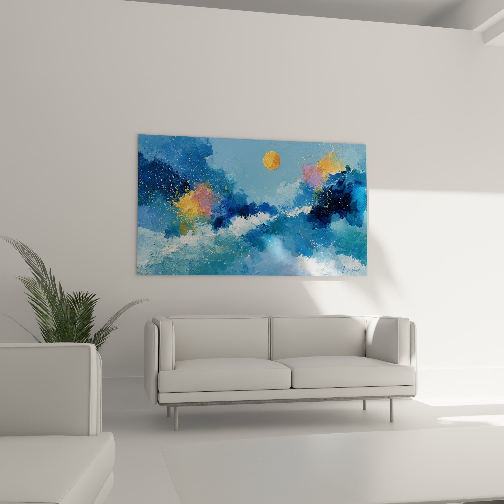 Écume blanche et ciel bleu pastel en style Peinture abstrait, au-dessus d'un canapé dans un salon lumineux