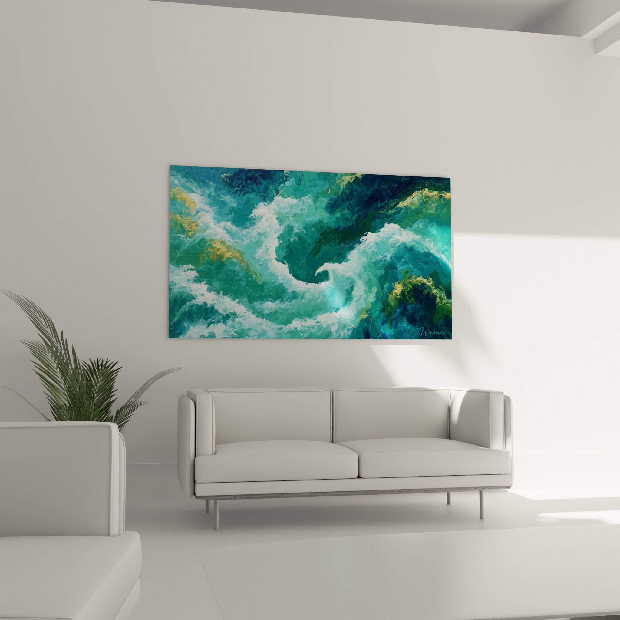 Spirale d'écume bleu marine et ocre doré, style peinture abstrait au-dessus d'un canapé dans un salon lumineux
