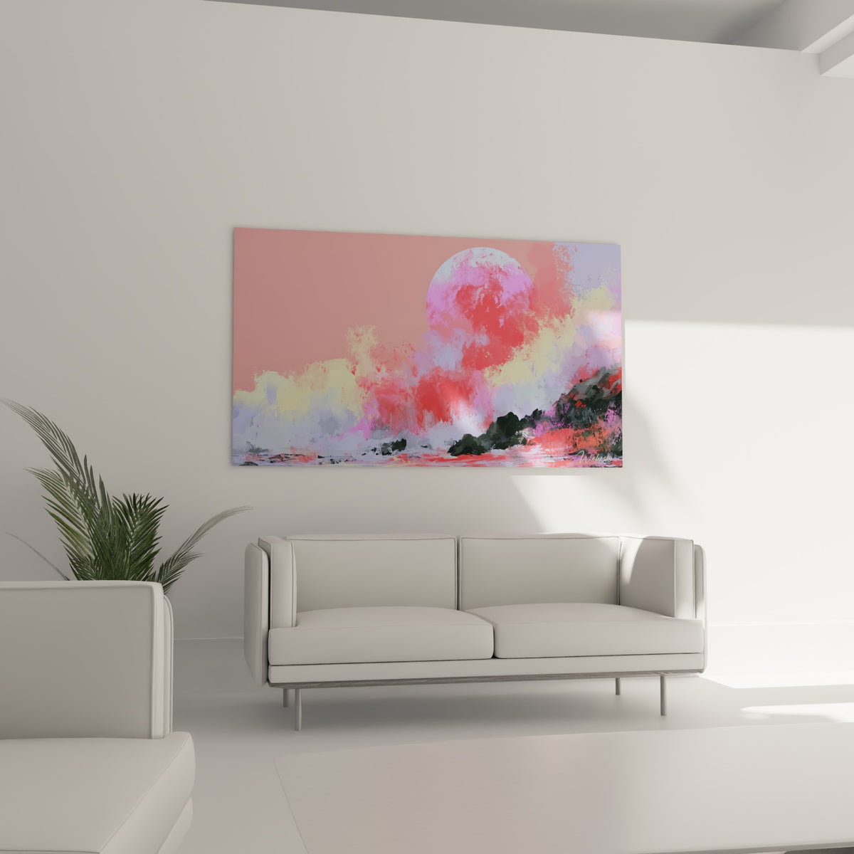 Explosion chromatique rouge et bleu pastel autour d'un astre lumineux, au-dessus d'un canapé dans un salon lumineux