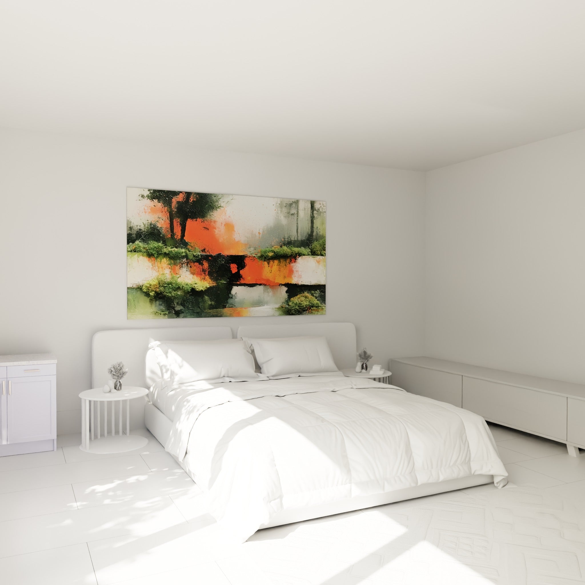 Forêt embrasée style Peinture abstrait en orange et vert au-dessus d'un lit dans une chambre claire