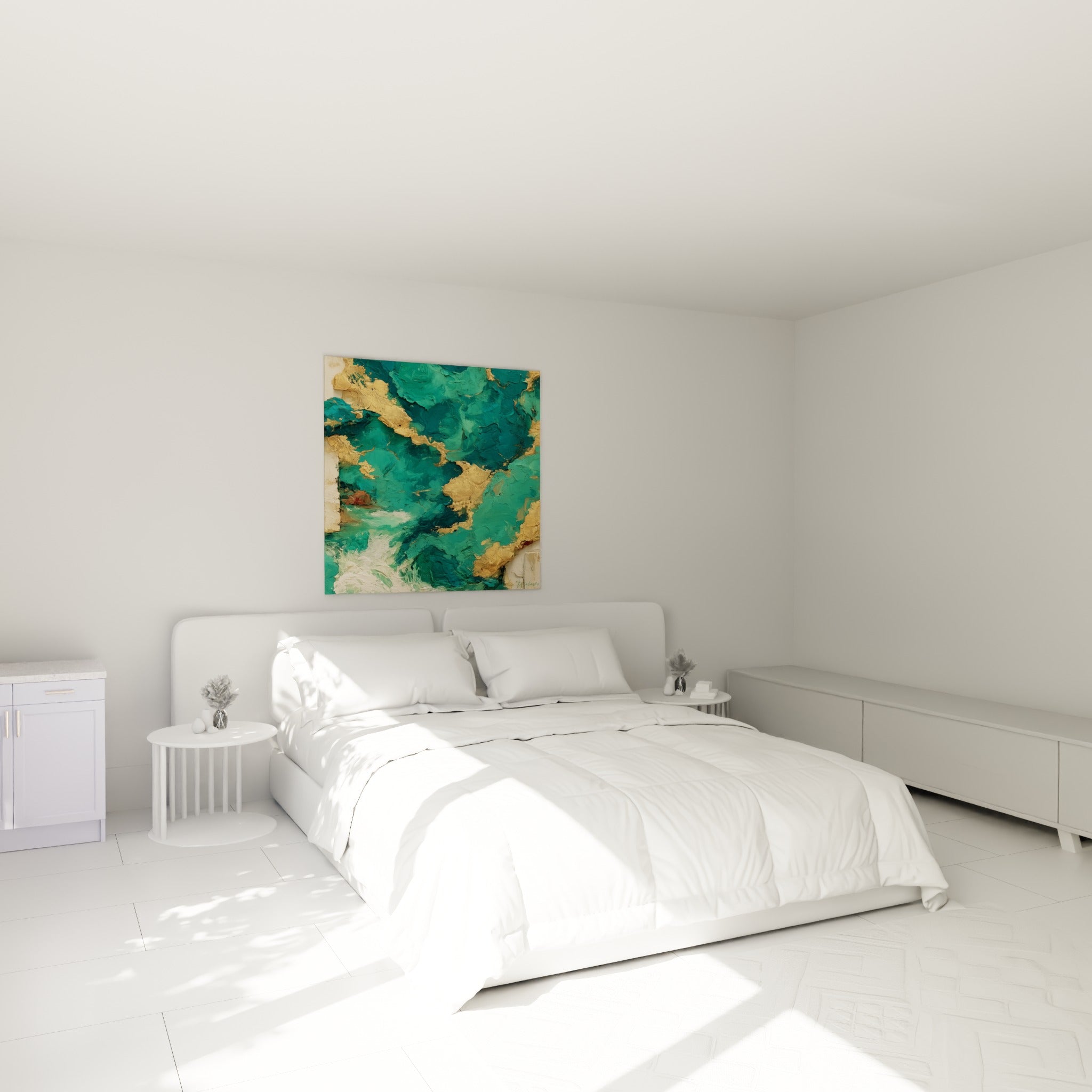 Composition émeraude et dorée en style Peinture abstrait, au-dessus d'un lit dans une chambre claire