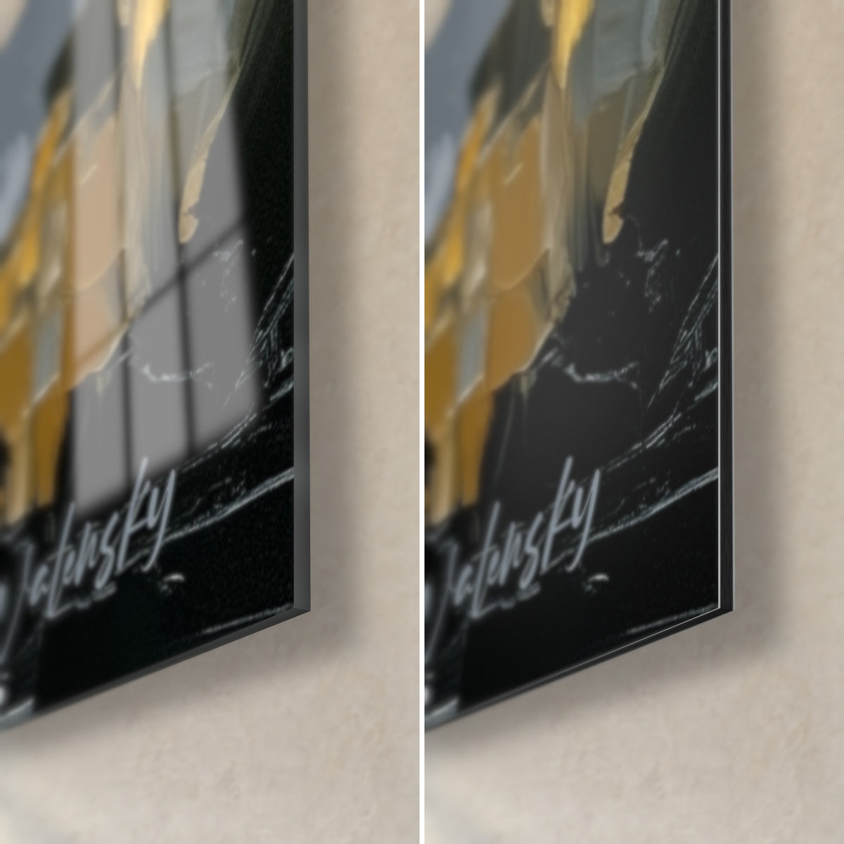 Wall art silhouette on gold ground, bottom right corner: glossy glass on the left, matt black Walensky Dibond on the right, 3 mm edge