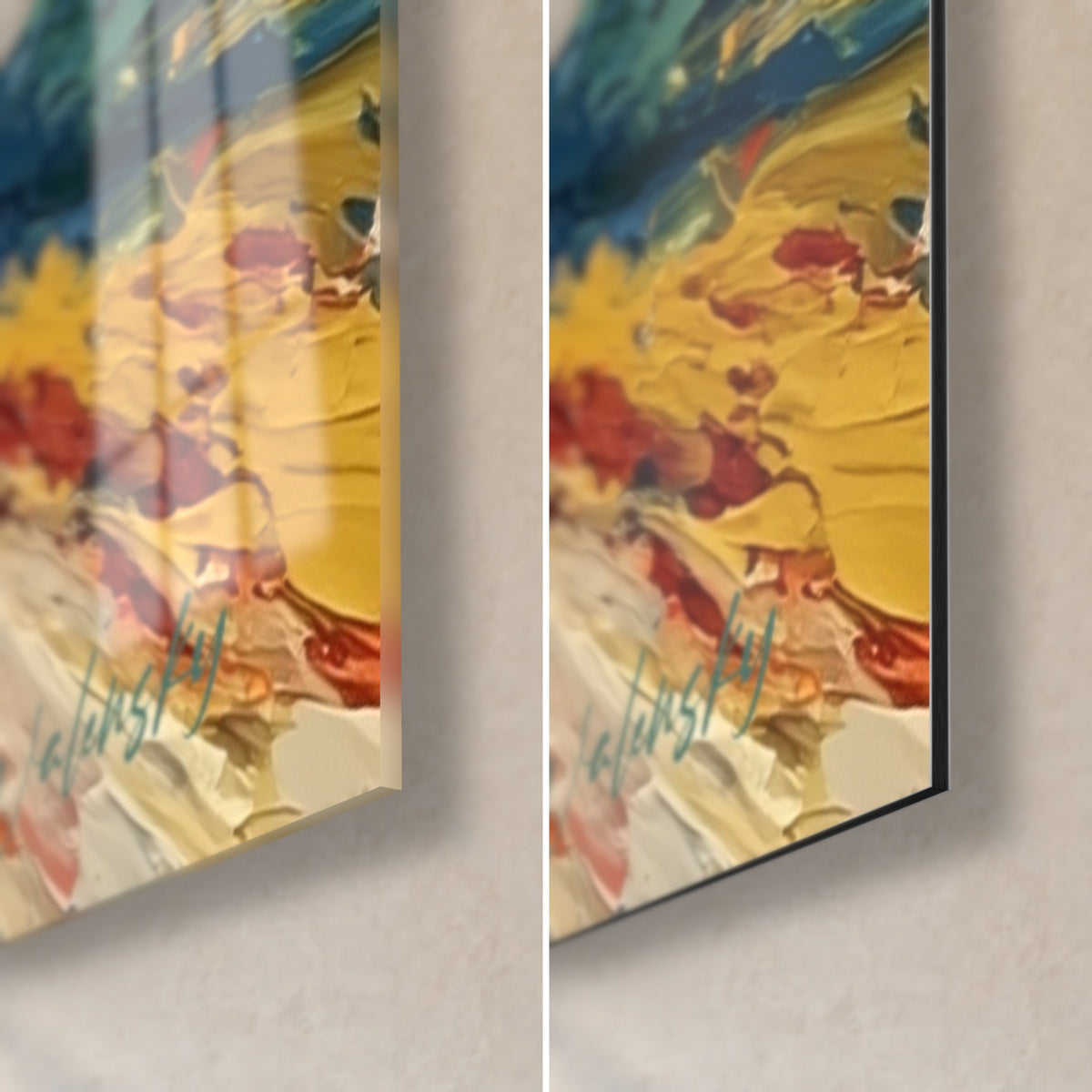 Tableau peinture abstraite en pâte jaune moutarde et rose, coin bas droit : verre acrylique brillant à gauche, alu Dibond mat à droite, tranche de 3 mm