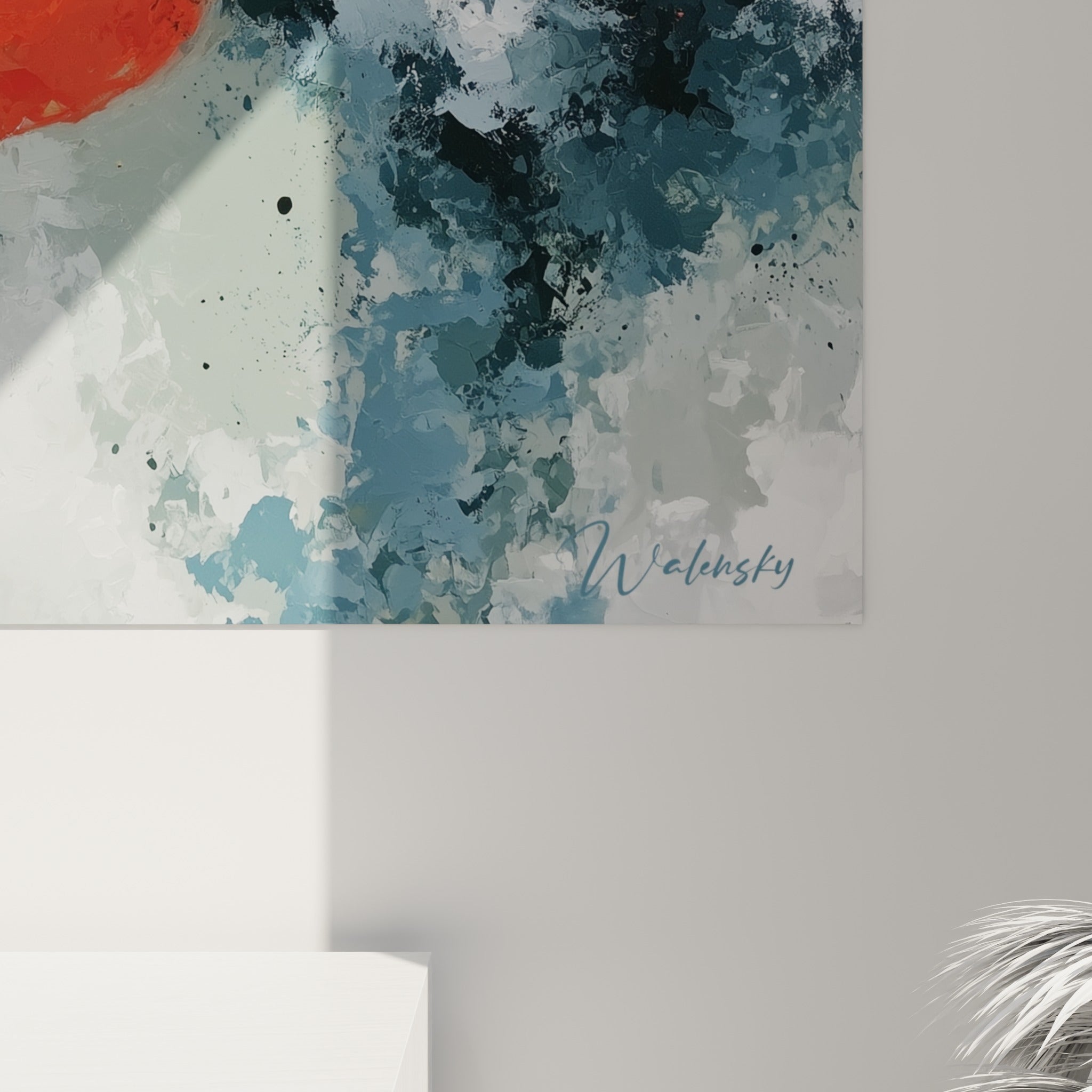 Empâtements blancs et coulures orange se mêlant au gris ardoise, matière épaisse du tableau style Peinture abstrait