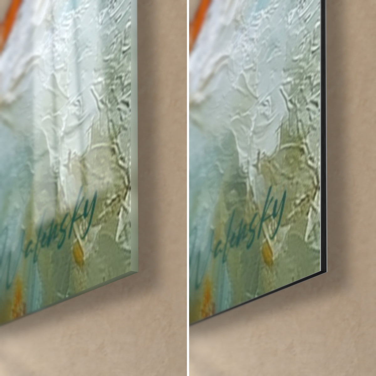 Gemälde mit Wolken in Safran und Purpur, untere rechte Ecke: glänzendes Acrylglas links, mattes Dibond-Aluminium rechts, 3 mm Kante