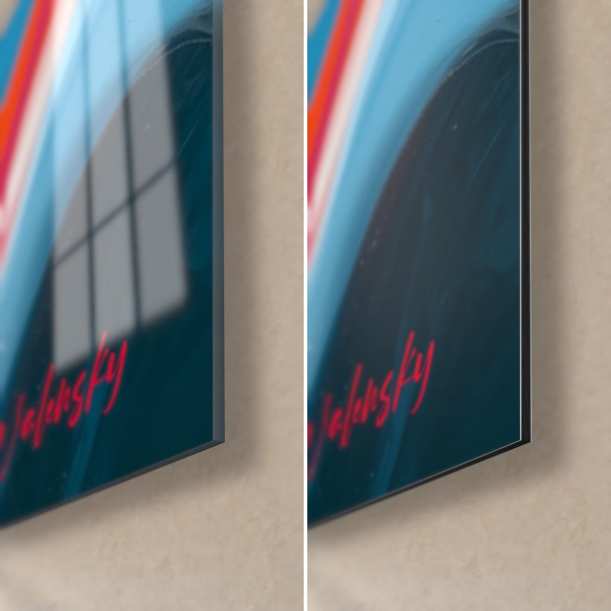 Wall art with midnight blue and cream white waves, lower right corner, glossy acrylic glass reflecting a window and matte Dibond, 3 mm edge