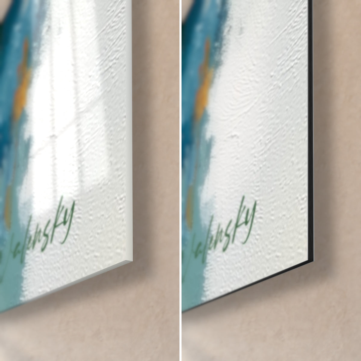 Schilderij vogels op een grijsblauwe achtergrond, rechtsonder: glanzend acrylglas met reflecties, mat Dibond-aluminium, 3 mm dik