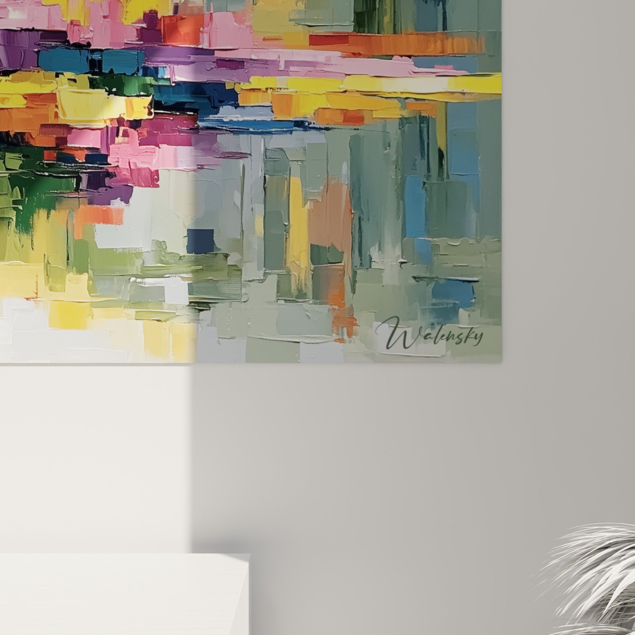 Empâtements jaunes et roses au couteau, matière épaisse et coulures du style Peinture abstrait visibles de près