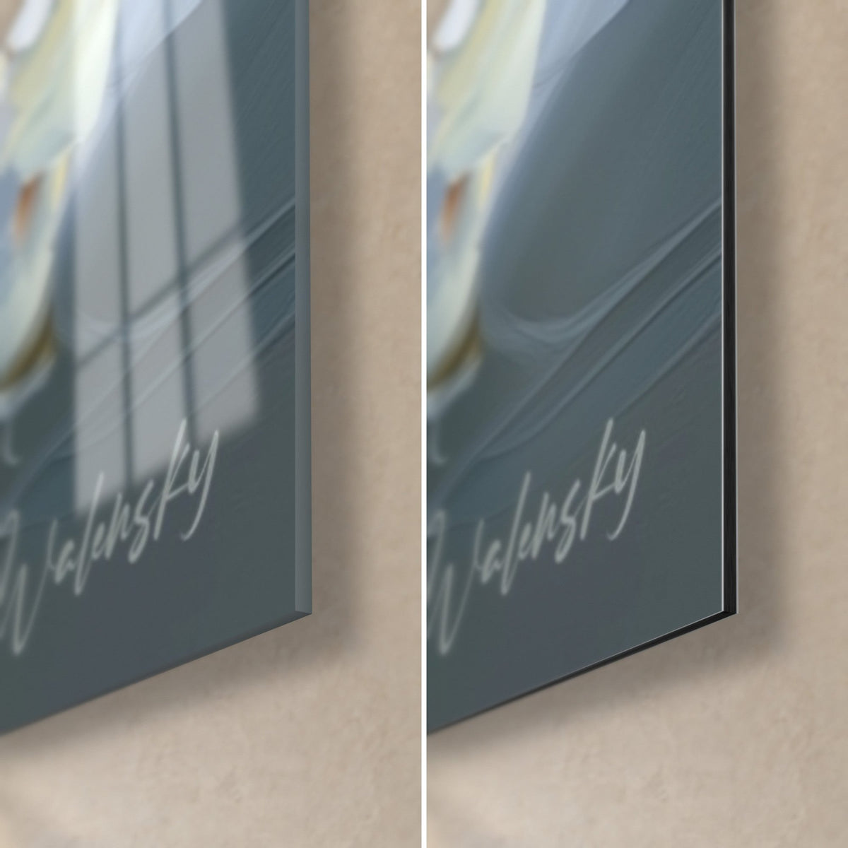 Schilderij visser in zijn boot, rechtsonder: glanzend glas met reflecties, matzwart Dibond-aluminium, rand van 3 mm zichtbaar