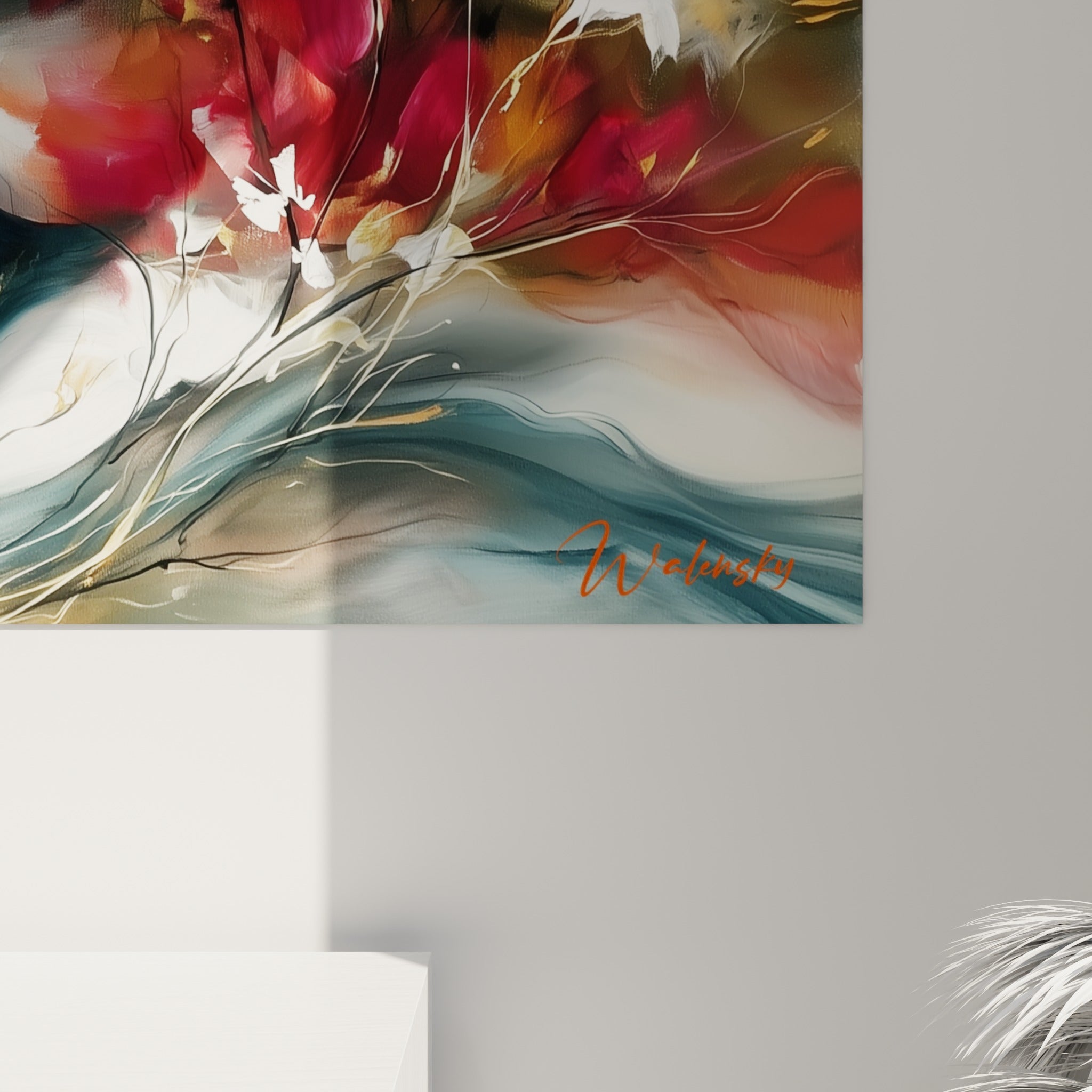 Matière empâtée et coulures dorées se mêlant au bleu pétrole sur ce tableau style Peinture abstrait vu de près