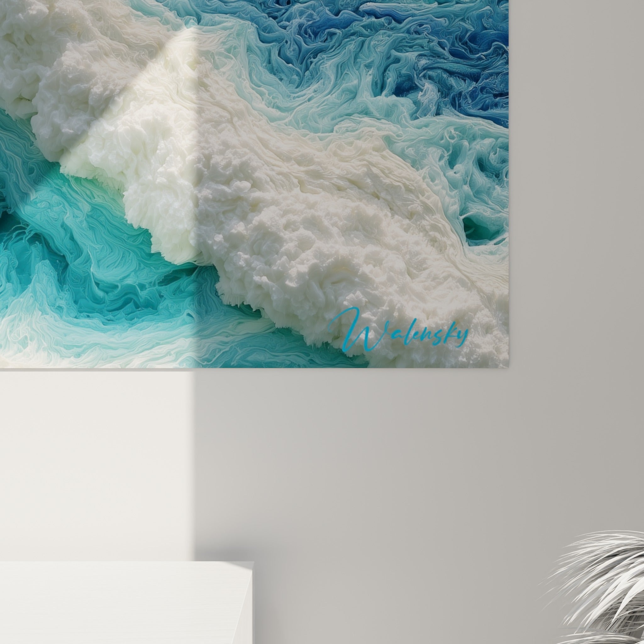 Empâtements blancs et coulures turquoise se mêlant en gros plan, matière épaisse du style Peinture abstrait