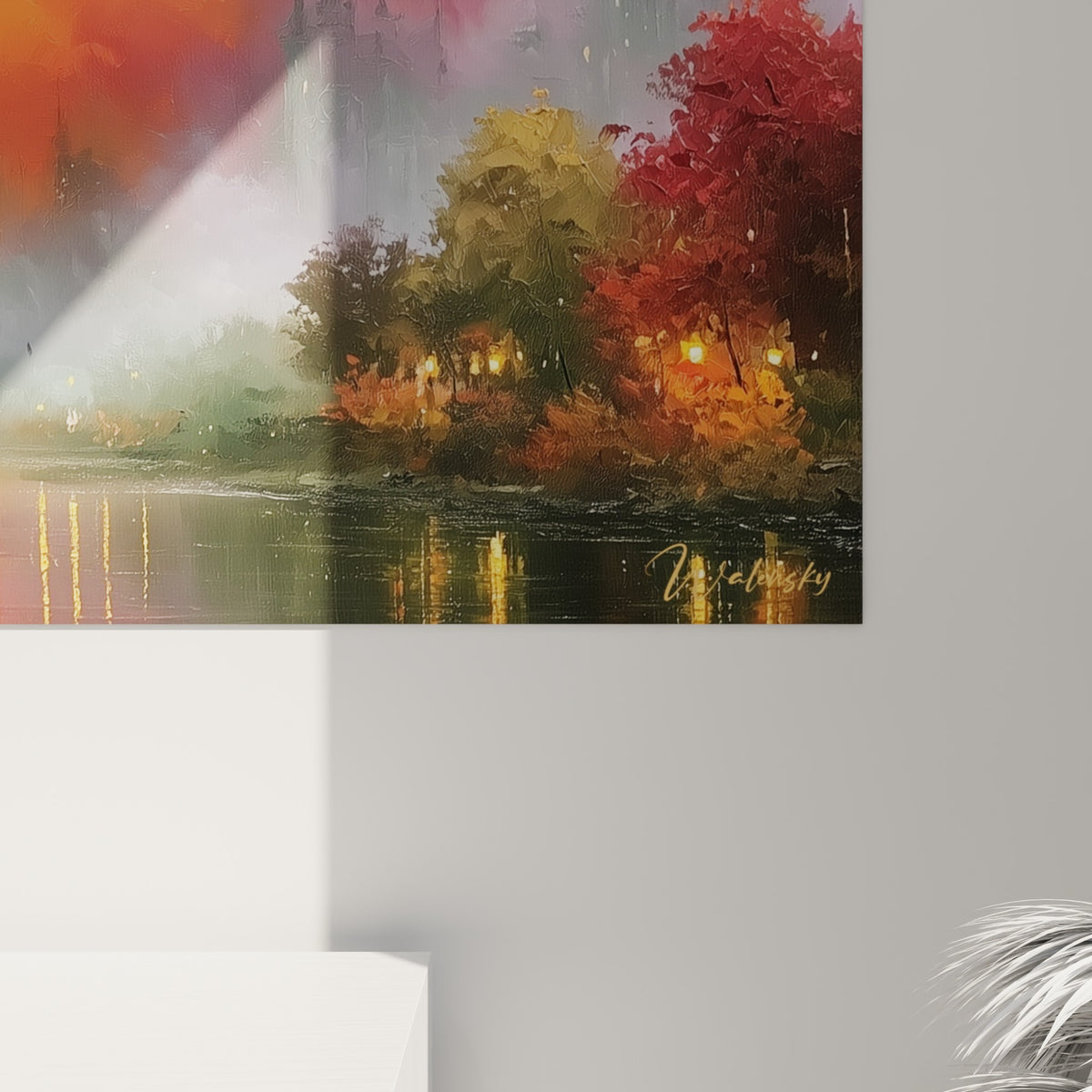 Empâtements orange et violets se mêlant en coulures près de la rivière dorée, matière picturale dense du style Peinture abstrait