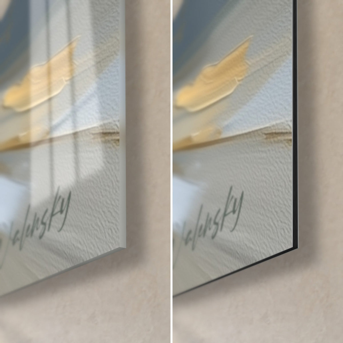 Gemälde Goldene abstrakte Malerei, untere rechte Ecke: glänzendes Acrylglas links, matt weißes Dibond rechts, 3 mm Kante