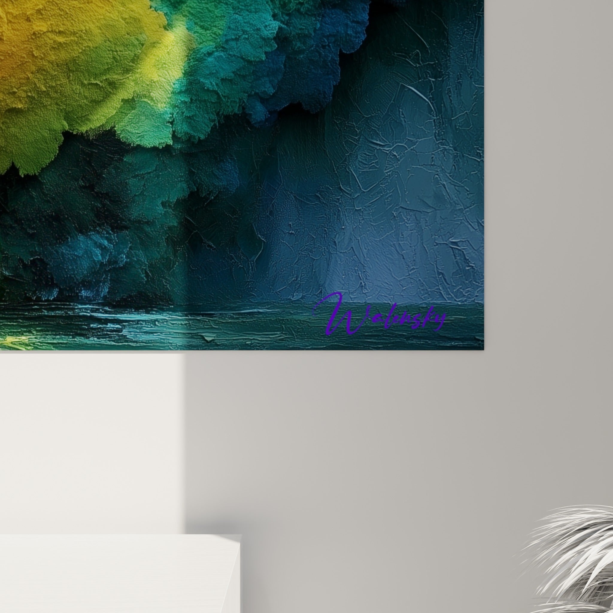 Empâtements épais révélant les nuances orange et violettes fusionnant sur la toile texturée