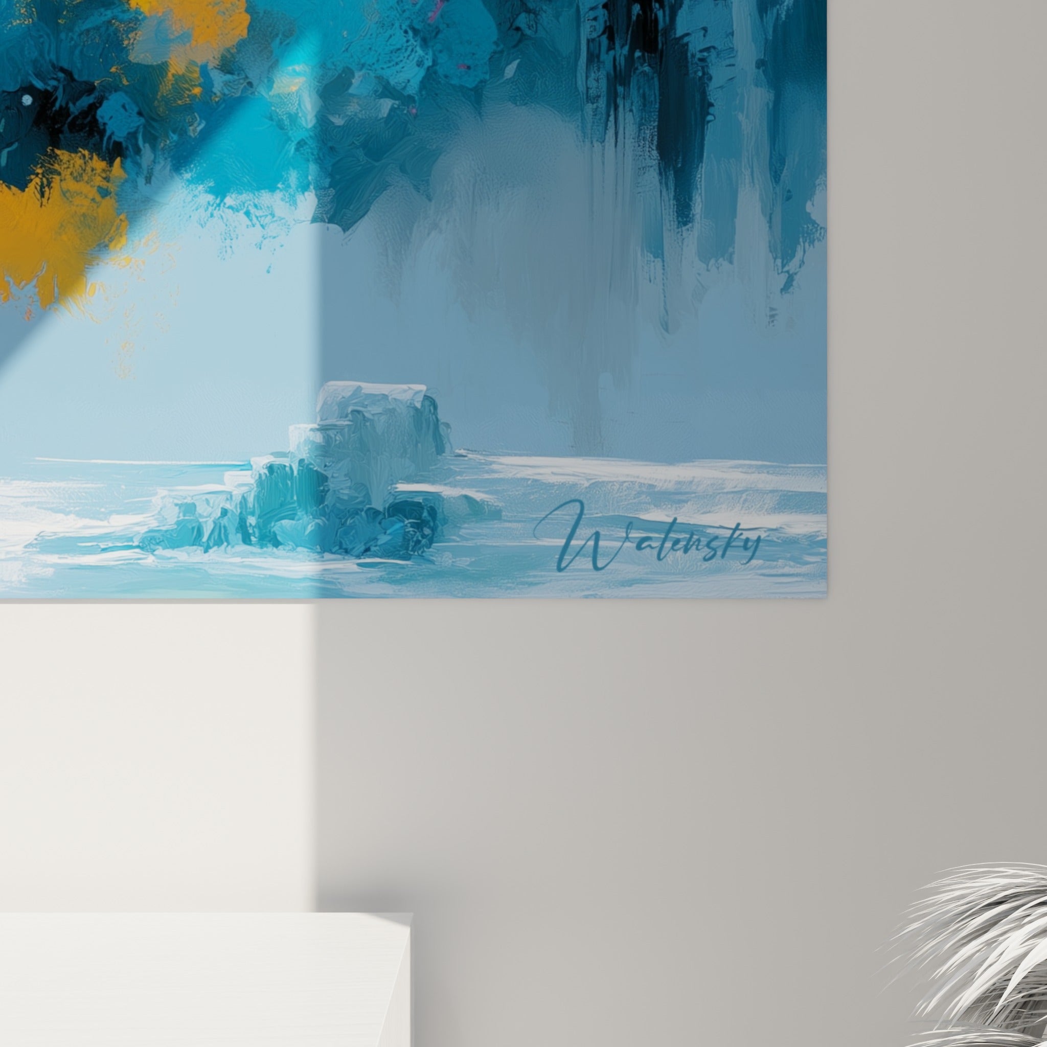 Empâtements jaunes et orangés se mêlant au bleu anthracite, matière épaisse du style Peinture abstrait