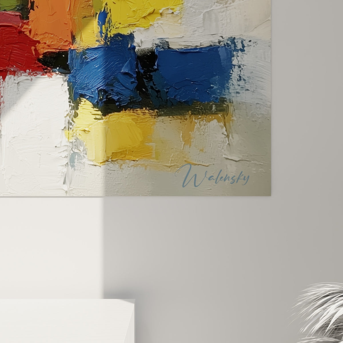 Matière épaisse et coulures de rose fuchsia et jaune moutarde visibles en gros plan sur ce tableau style Peinture abstrait