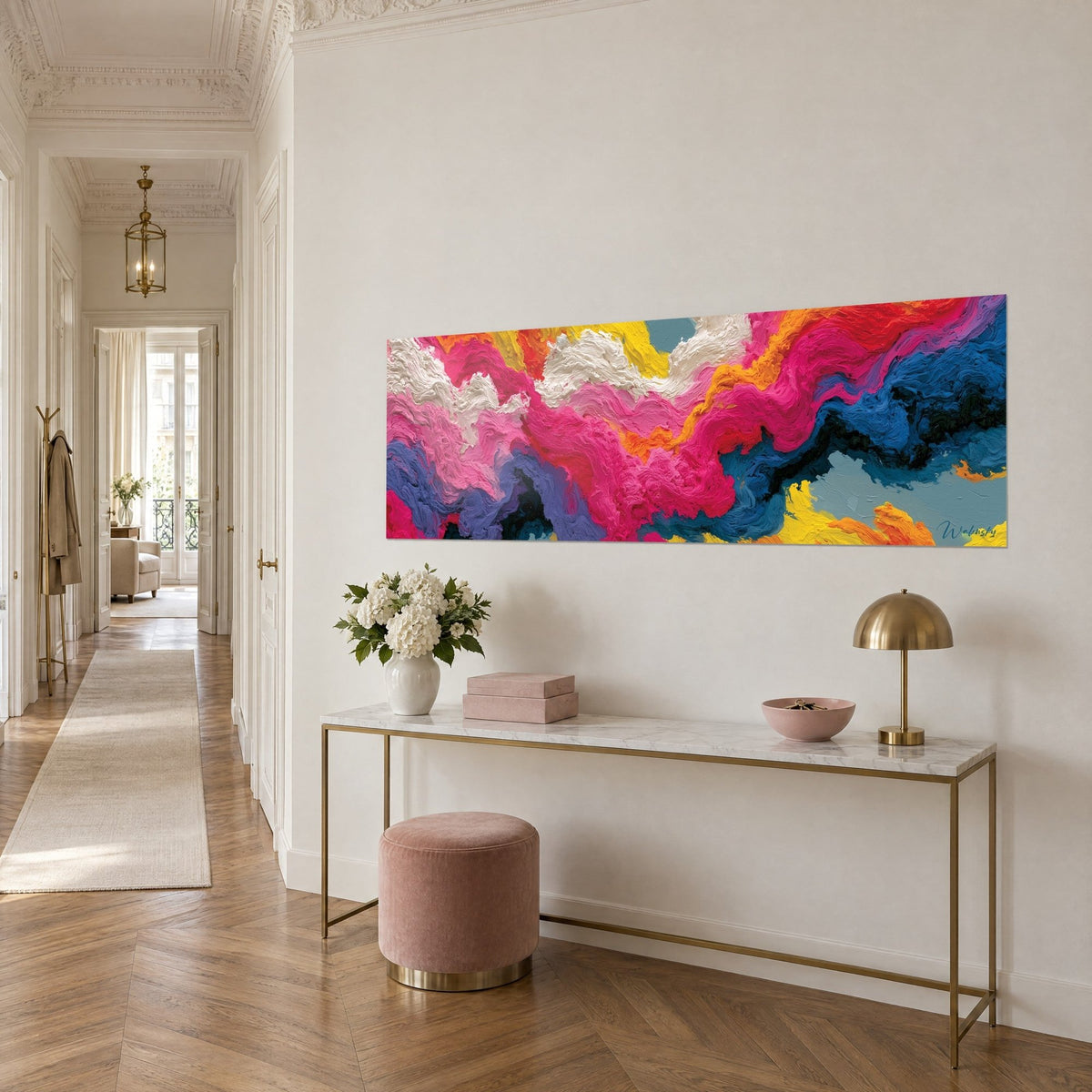 Wall art thick waves of magenta and lemon yellow with white crests, hung above a gilded console, Haussmann corridor
