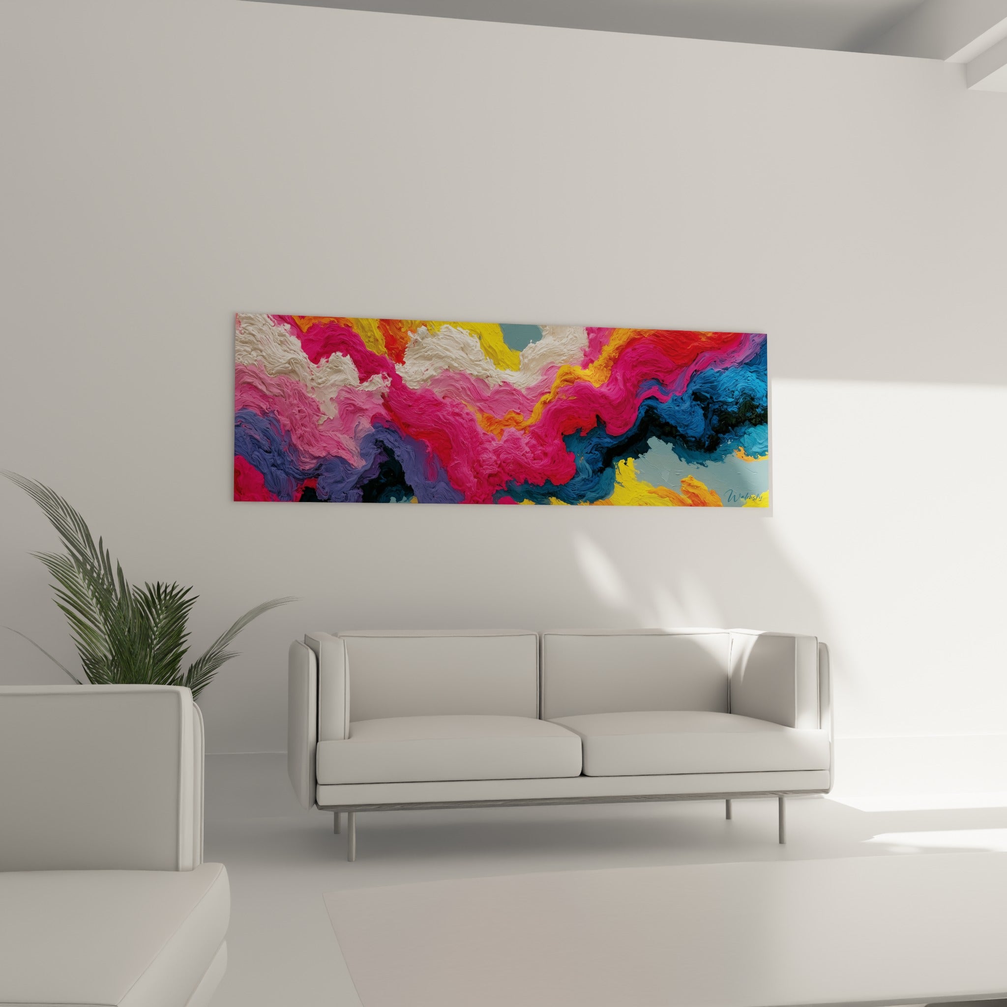 Matière rose vif et bleu profond du style Peinture abstrait, au-dessus d'un canapé dans un salon lumineux