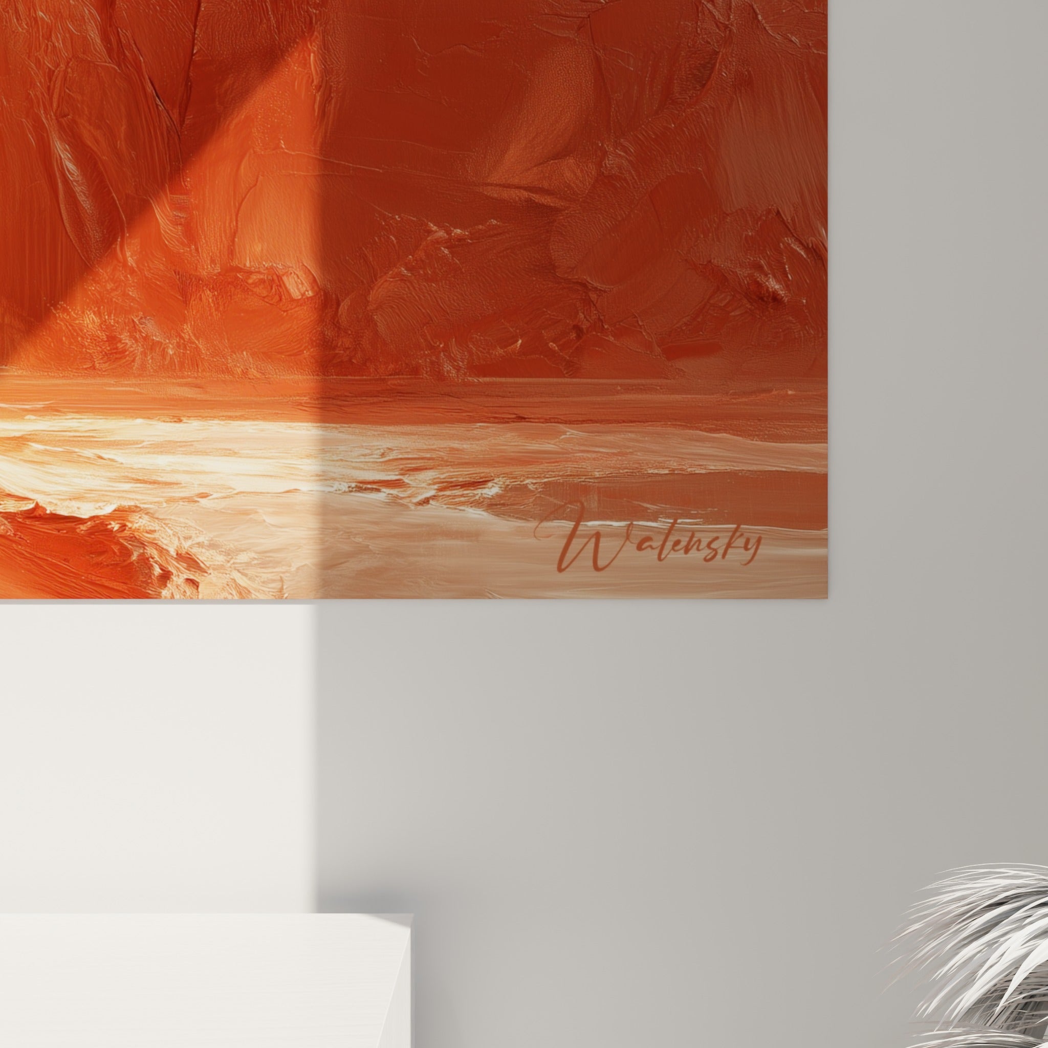Empâtements épais rouge et orangé révélant le grain de la matière, coulures lumineuses en gros plan sur la toile