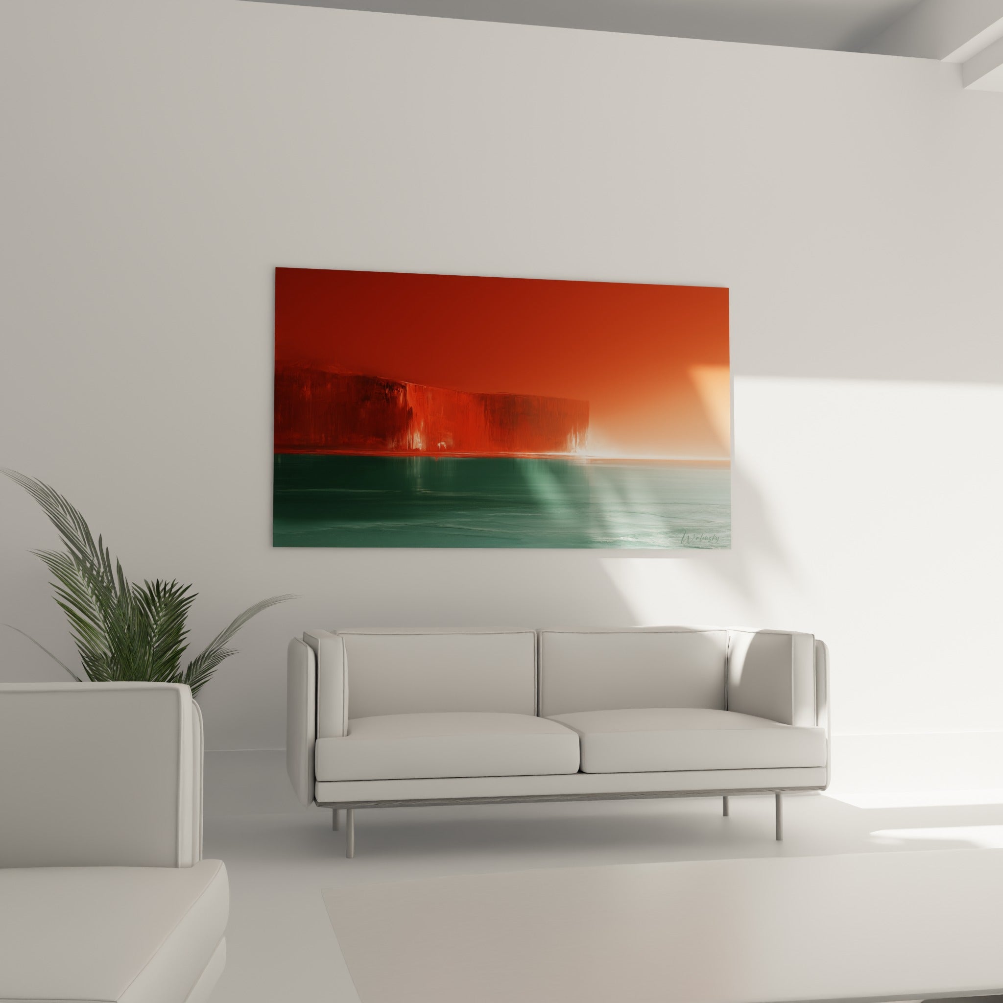 Horizon incandescent rouge et vert profond, disposé au-dessus d'un canapé dans un salon lumineux