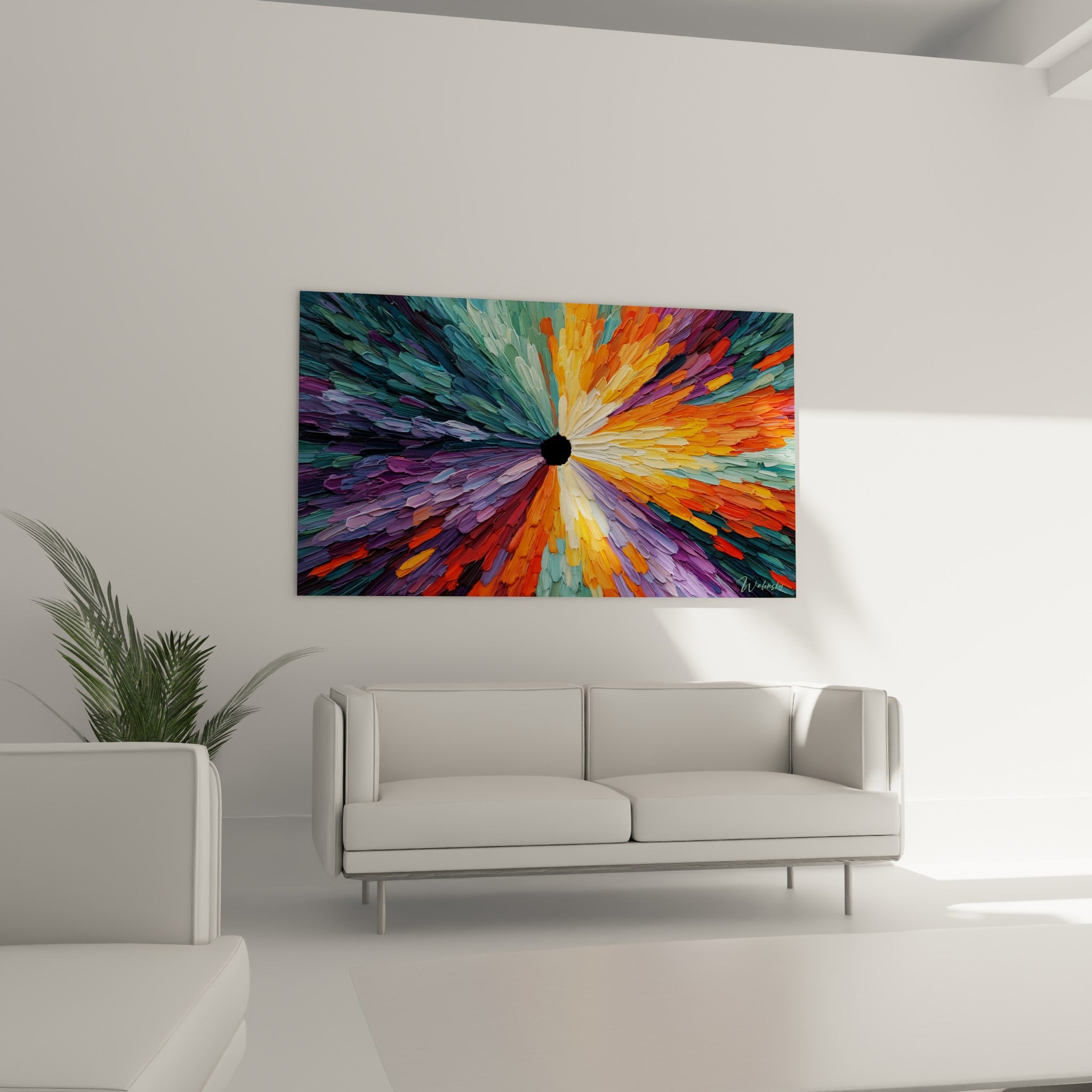 Touches picturales épaisses orange et violettes, tableau style Peinture abstrait au-dessus d'un canapé dans un salon lumineux