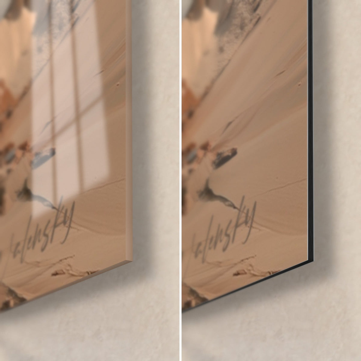 Wall art red and ivory cliff landscape, bottom right corner, glossy acrylic glass on the left, matte aluminium Dibond on the right